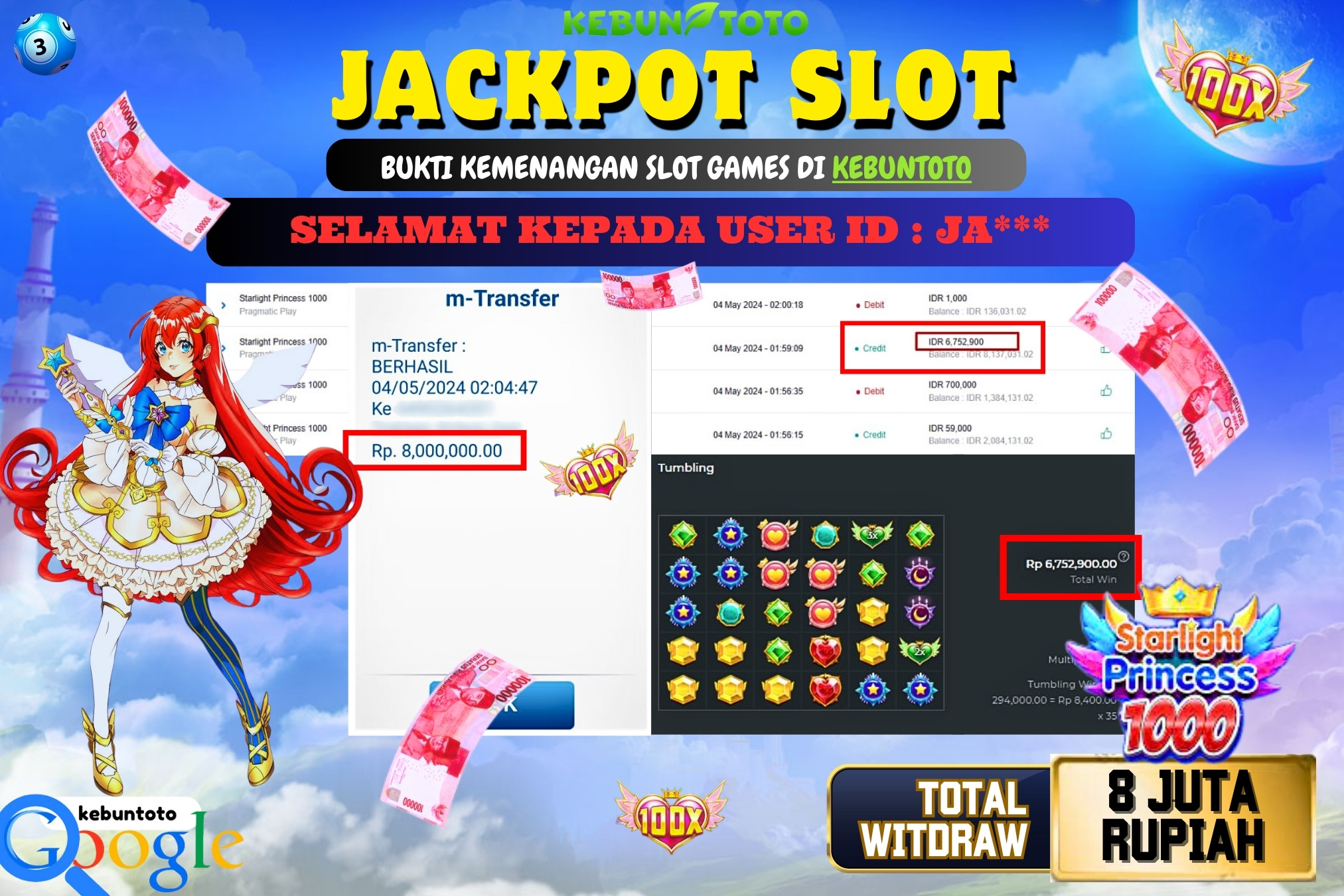 KEBUNTOTO JACKPOT SLOT STARLIGHT PRINCESS 1000 Rp.8.000.000,- LUNAS