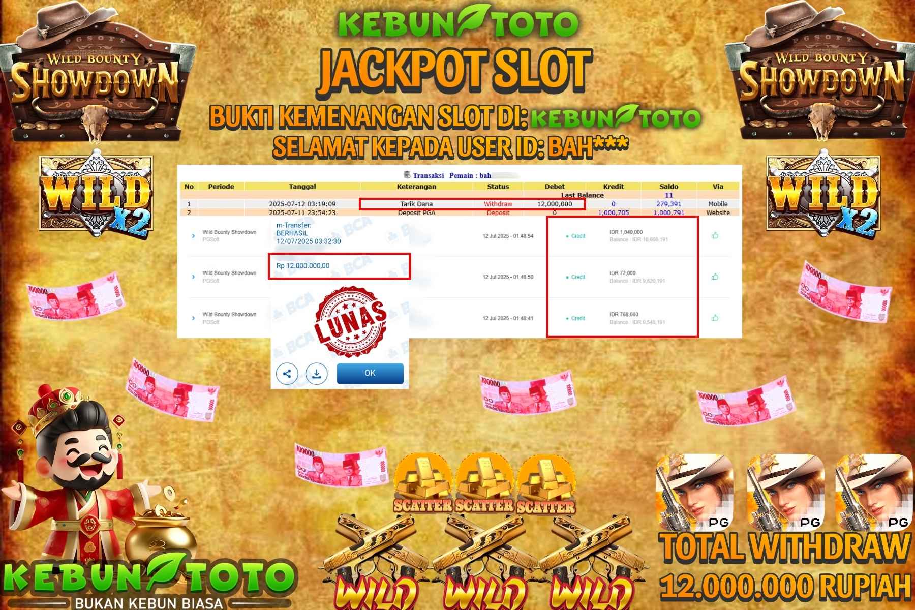 Bukti Kemenangan Rp 12.000.000 SLOT WILD BOUNTY SHOWDOWN di KEBUNTOTO!