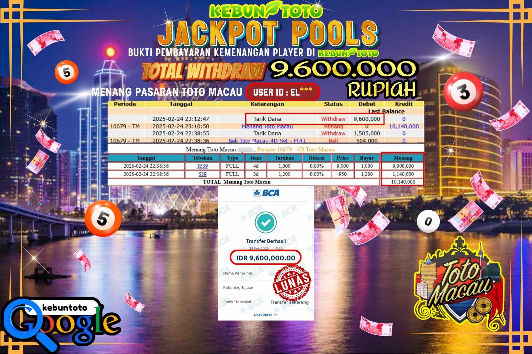 KEBUNTOTO JACKPOT, TOTO MACAU POOLS Sebesar Rp 9.600.000,- LUNAS
