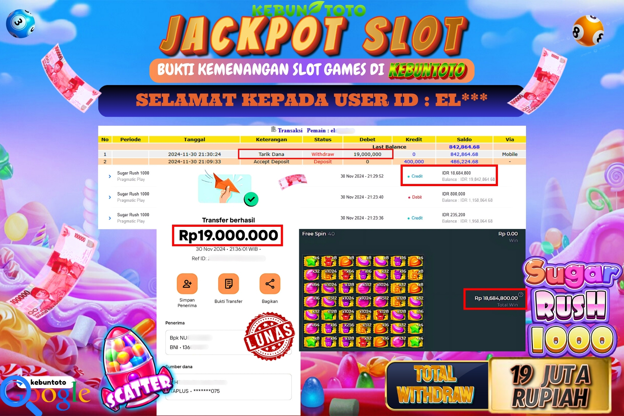 KEBUNTOTO JACKPOT SLOT SUGAR RUSH 1000 Rp.19.000.000,- LUNAS