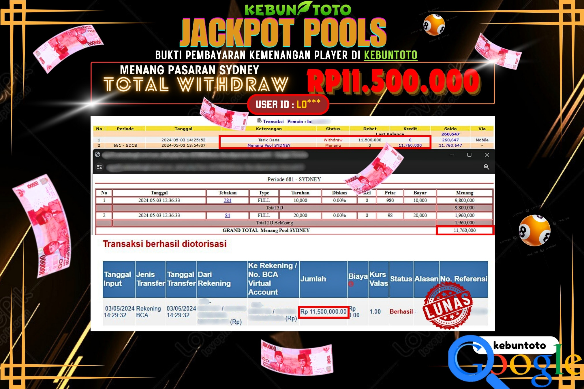 KEBUNTOTO JACKPOT TOGEL PASARAN SYDNEY Rp.11.500.000,- LUNAS