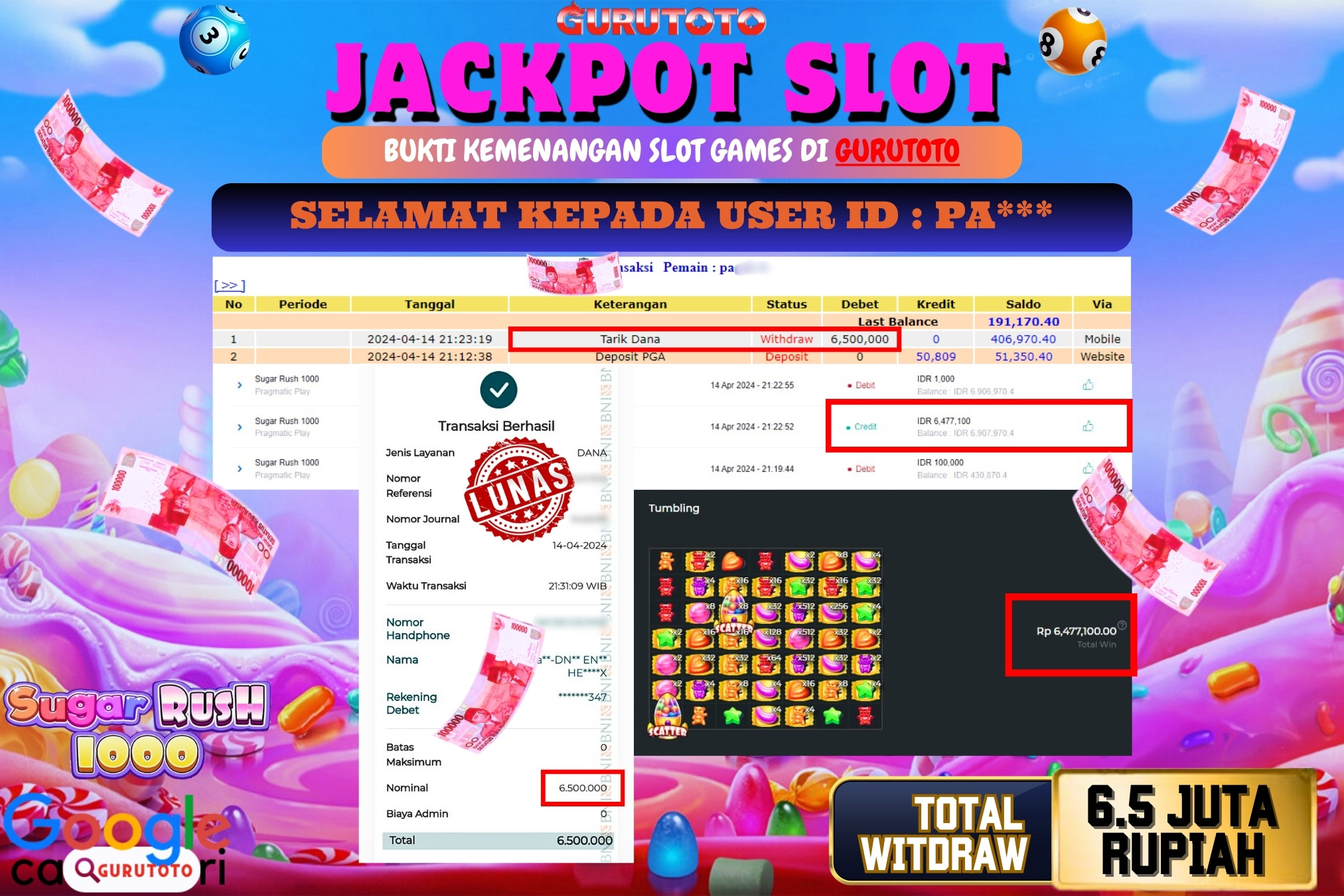 Jackpot Slot SUGAR RUSH 1000 di Gurutoto sebesar Rp.6.500.000 dibayar lunas.
