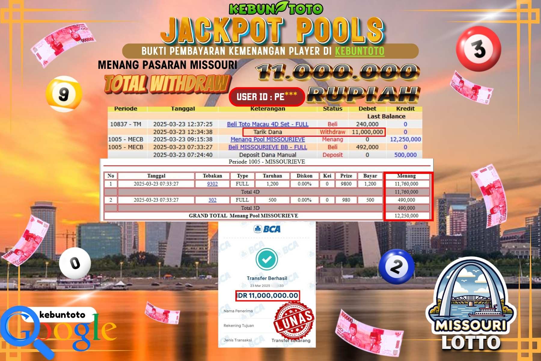 KEBUNTOTO JACKPOT, TOTO MISSOURI EVE POOLS Sebesar Rp 11.000.000,- LUNAS