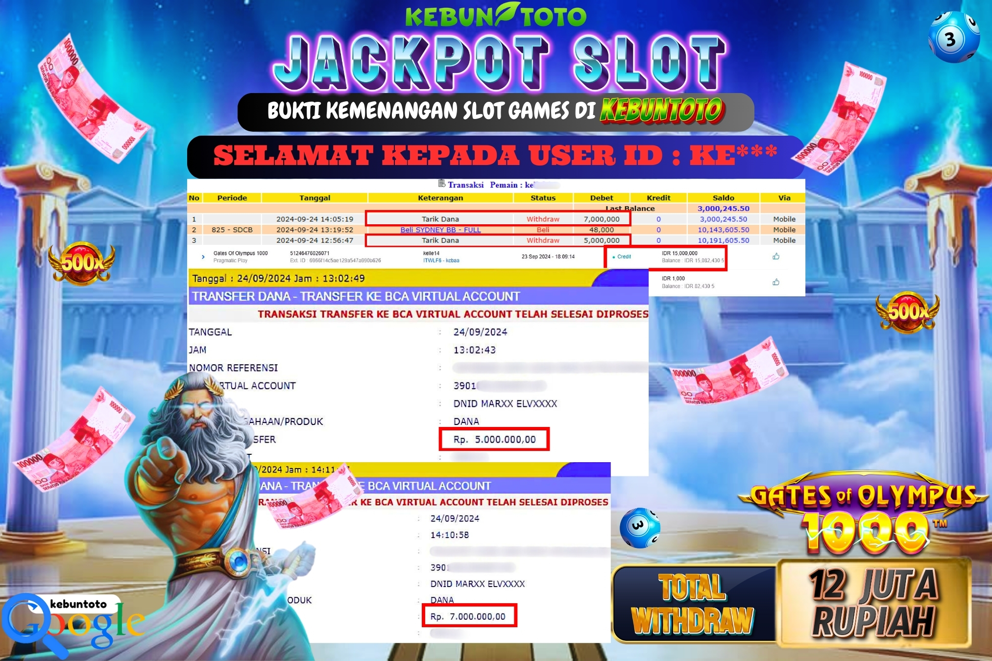 KEBUNTOTO JACKPOT SLOT GATES OF OLYMPUS 1000 Rp.12.000.000,- LUNAS