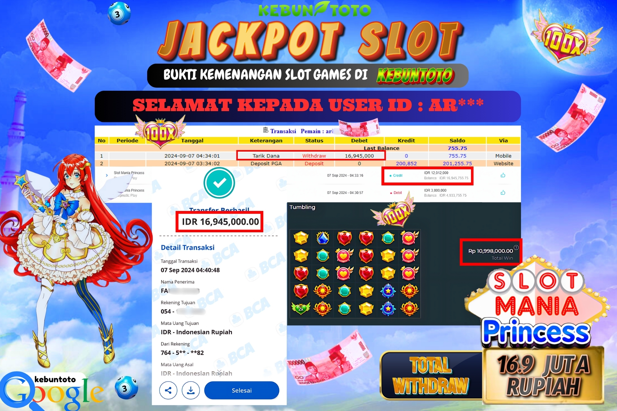 KEBUNTOTO JACKPOT SLOT STARLIGHT PRINCESS 1000 Rp.16.945.000,- LUNAS