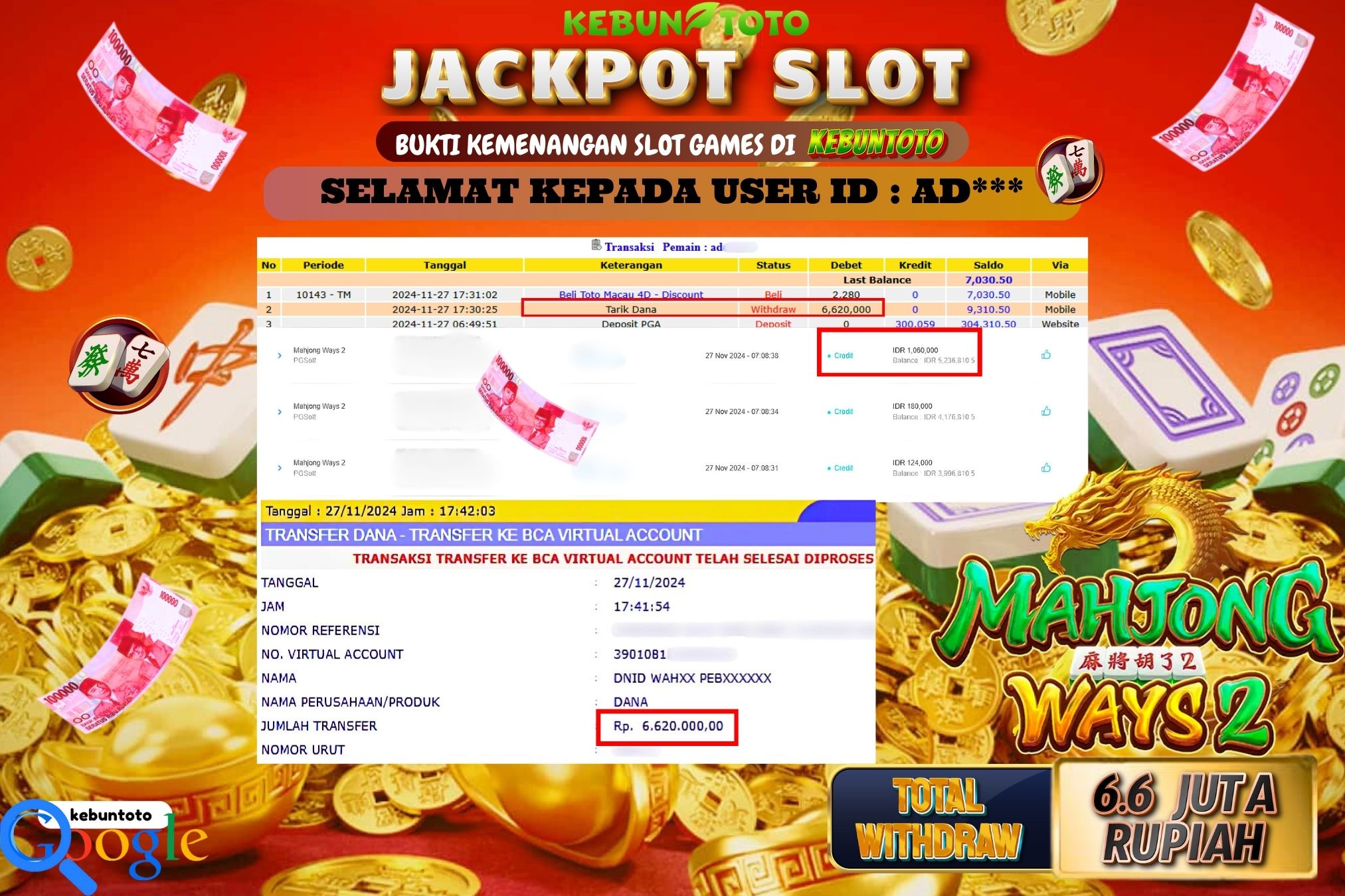 KEBUNTOTO JACKPOT SLOT MAHJONG WAYS 2 Rp.5.620.000,- LUNAS