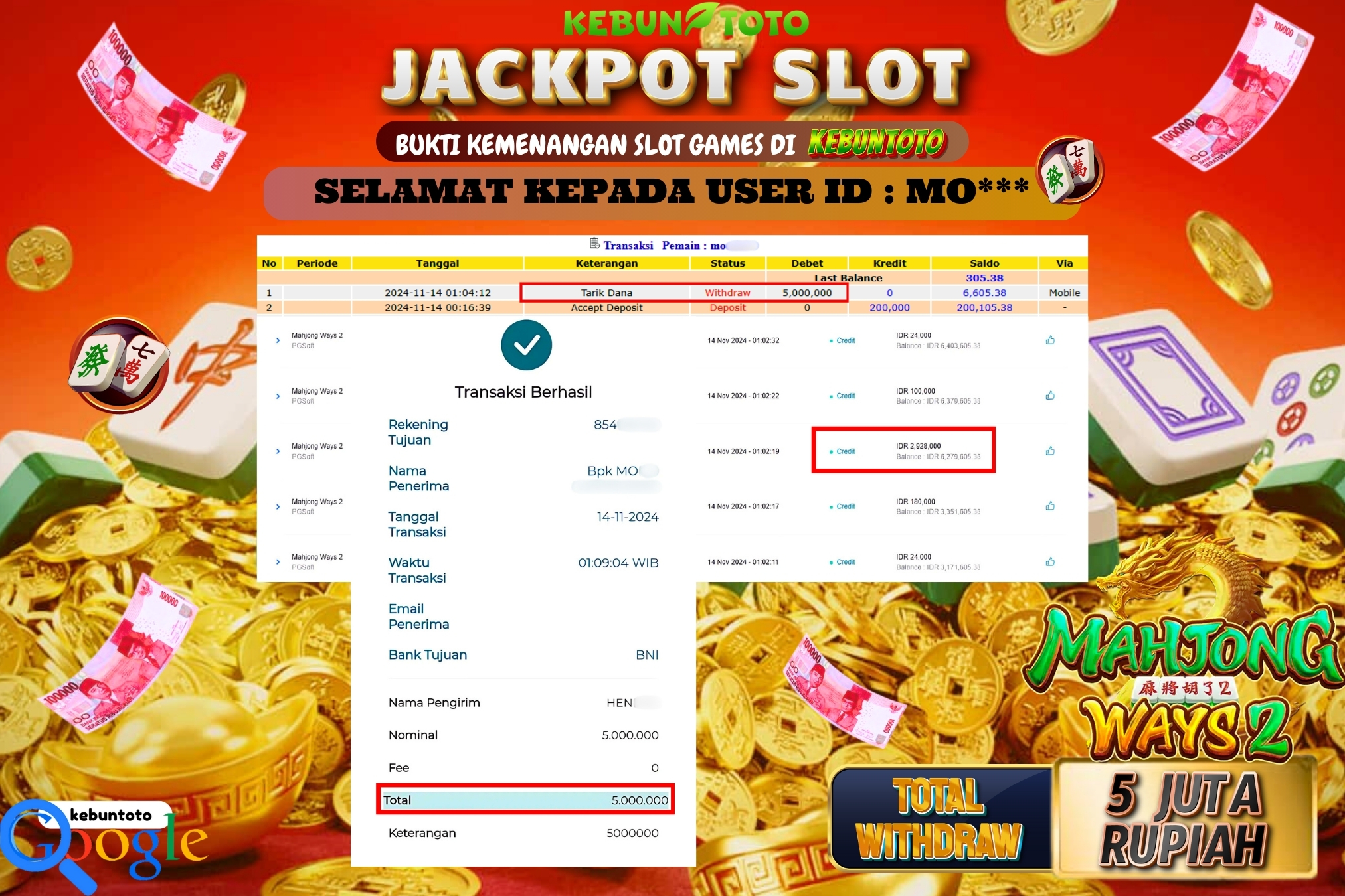 KEBUNTOTO JACKPOT SLOT MAHJONG WAYS 2 Rp.5.000.000,- LUNAS