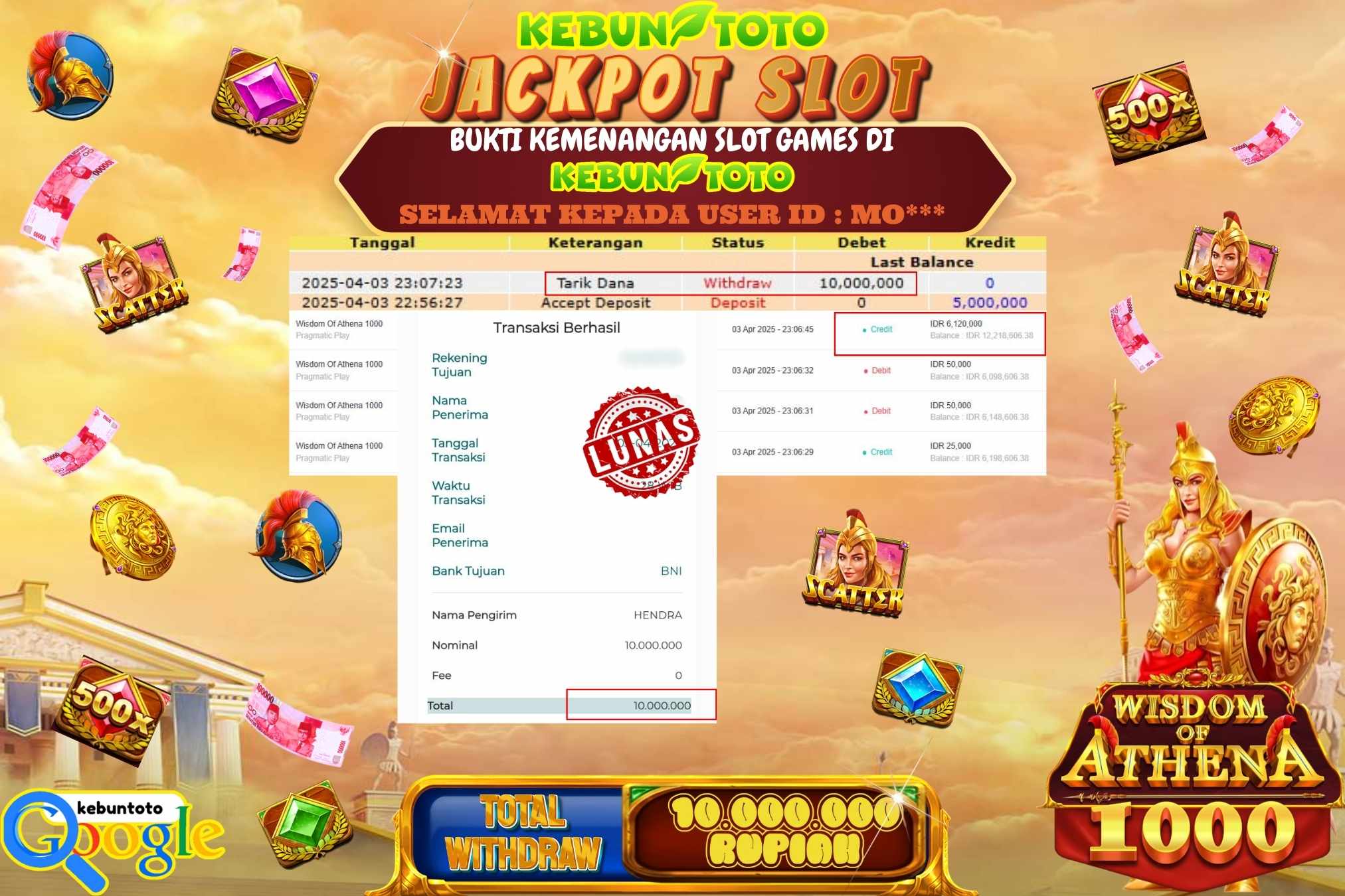 KEBUNTOTO JACKPOT, SLOT WISDOM OF ATHENA 1000 Rp 10.000.000,- LUNAS