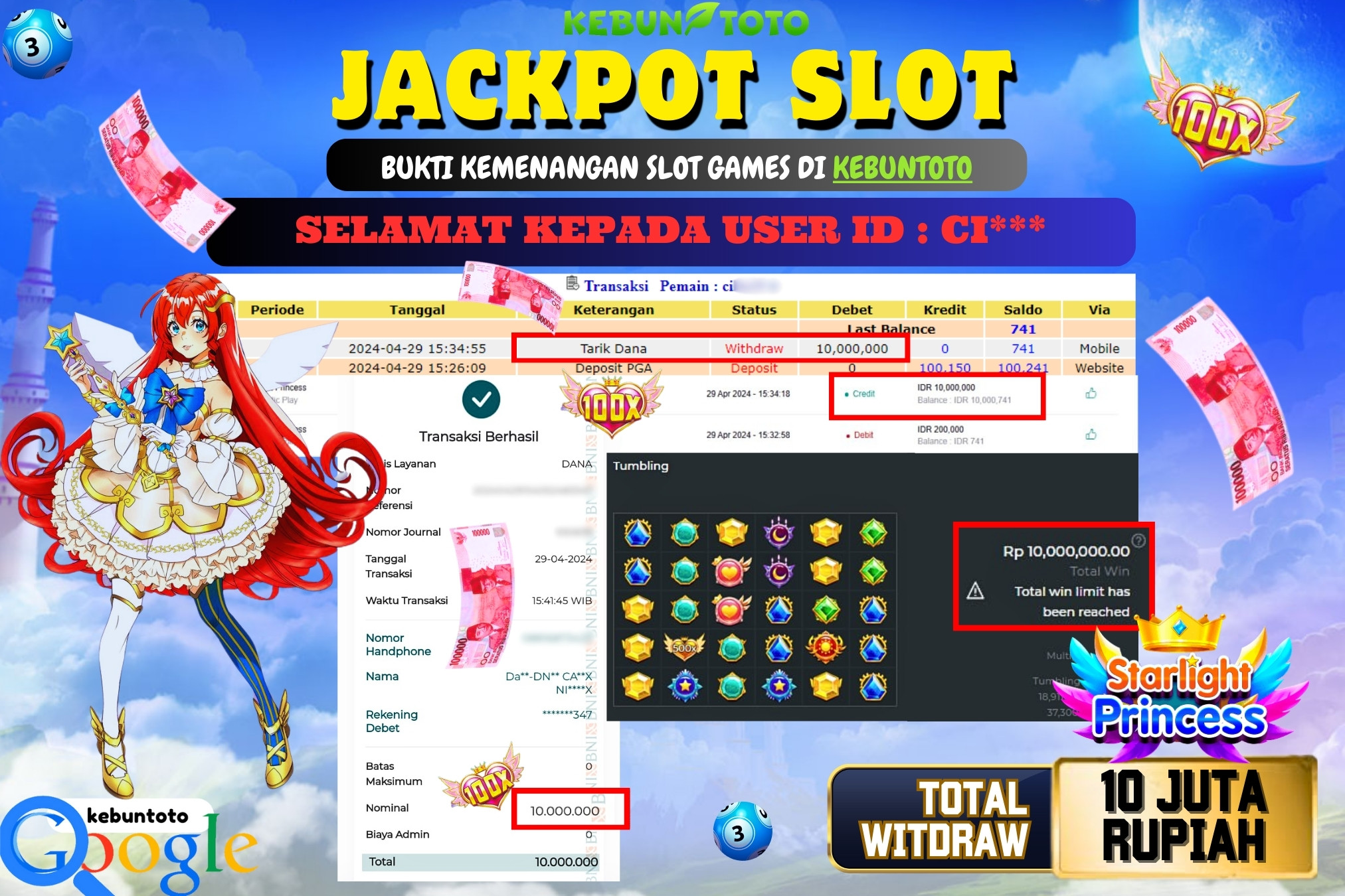 KEBUNTOTO JACKPOT SLOT STARLIGHT PRINCESS Rp.10.000.000,- LUNAS