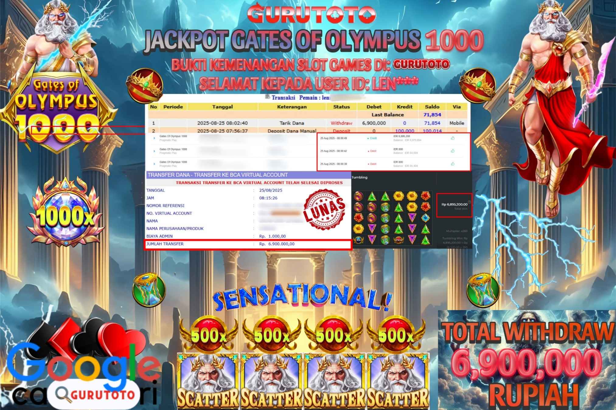 Bukti Kemenangan Rp 6.900.000 SLOT GATES OF OLYMPUS 1000 di GURUTOTO!