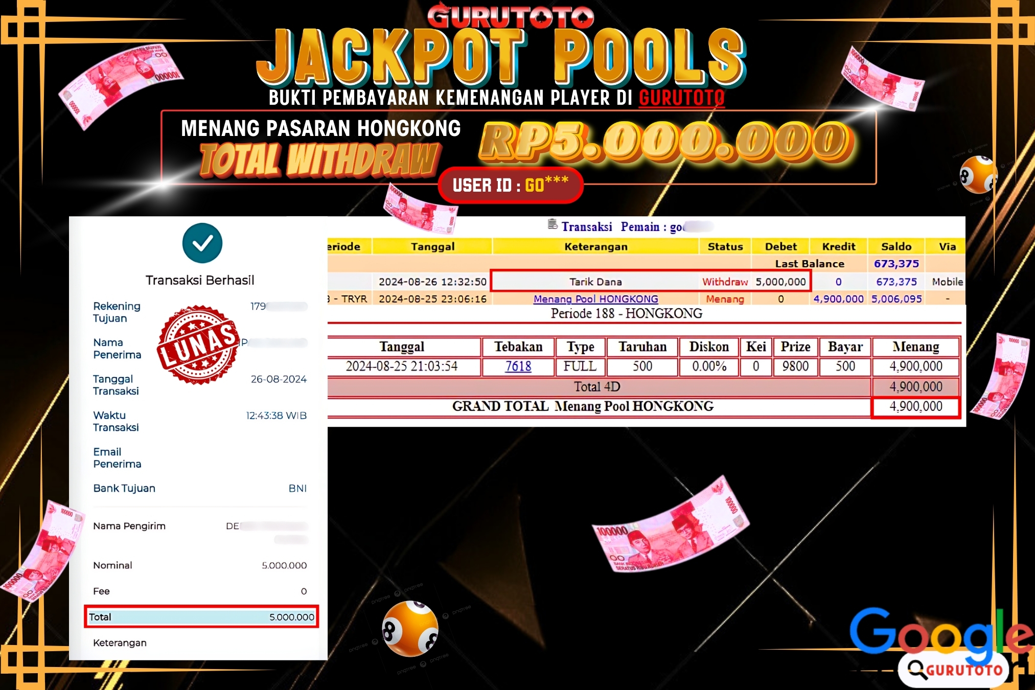 Jackpot Pools Hongkong di Gurutoto sebesar Rp.5.000.000 dibayar lunas.