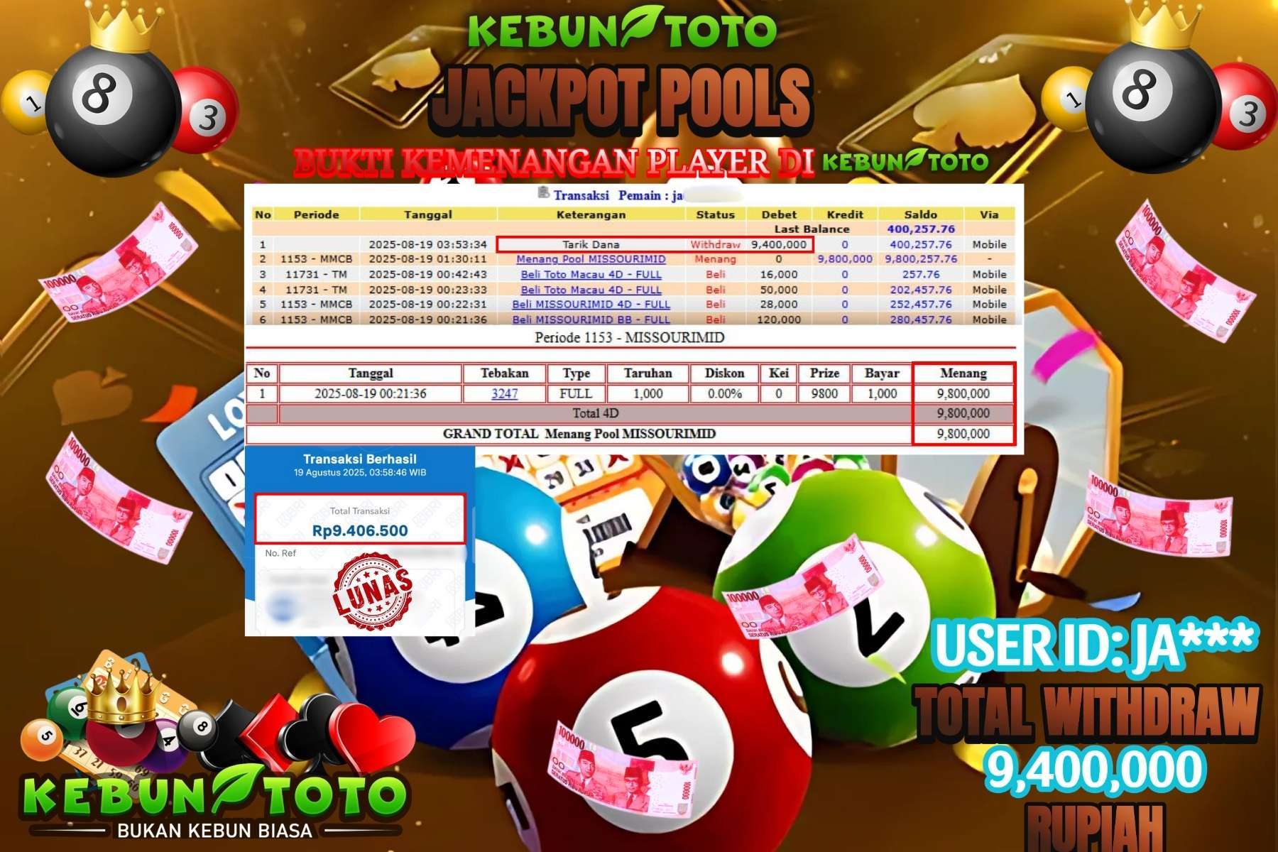 Bukti Kemenangan Rp 9.400.000 TOGEL MISSOURIMID di KEBUNTOTO!