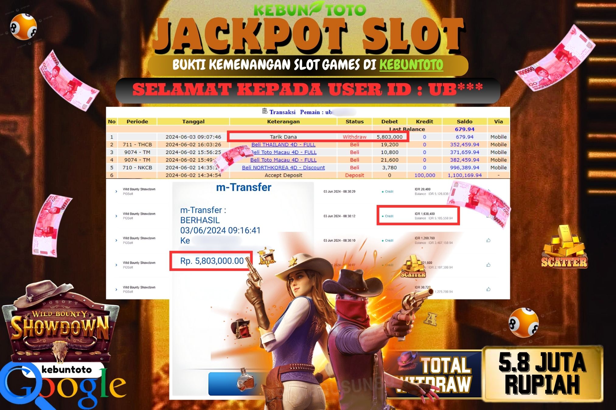 KEBUNTOTO JACKPOT SLOT WILD BOUNTY SHOWDOWN Rp.5.803.000,- LUNAS
