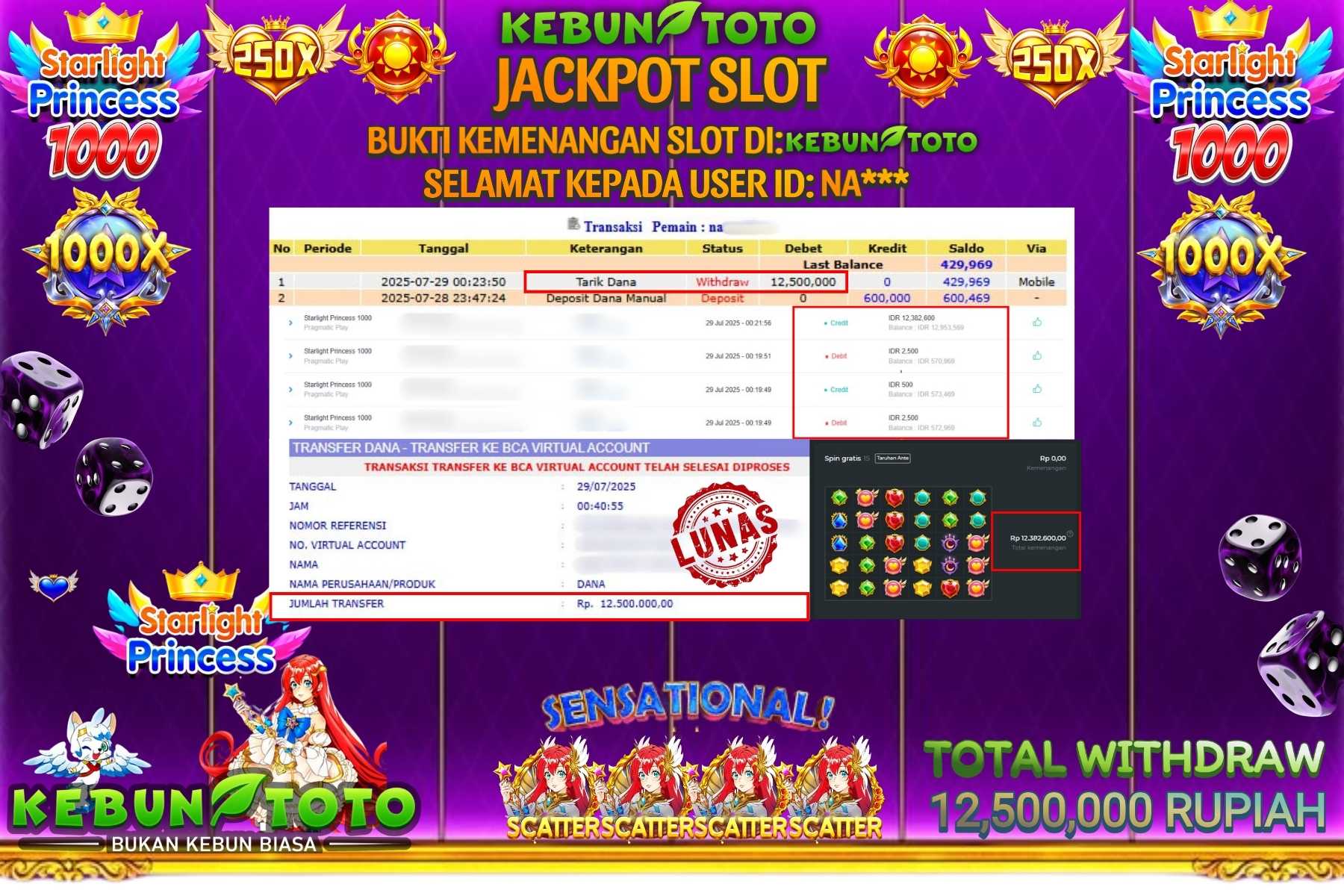 Bukti Kemenangan Rp 12.500.000 SLOT STARLIGHT PRINCESS 1000 di KEBUNTOTO!
