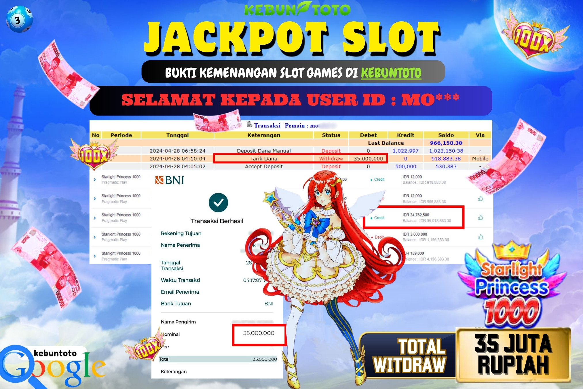 KEBUNTOTO JACKPOT SLOT STARLIGHT PRINCESS 1000 Rp.35.000.000,- LUNAS