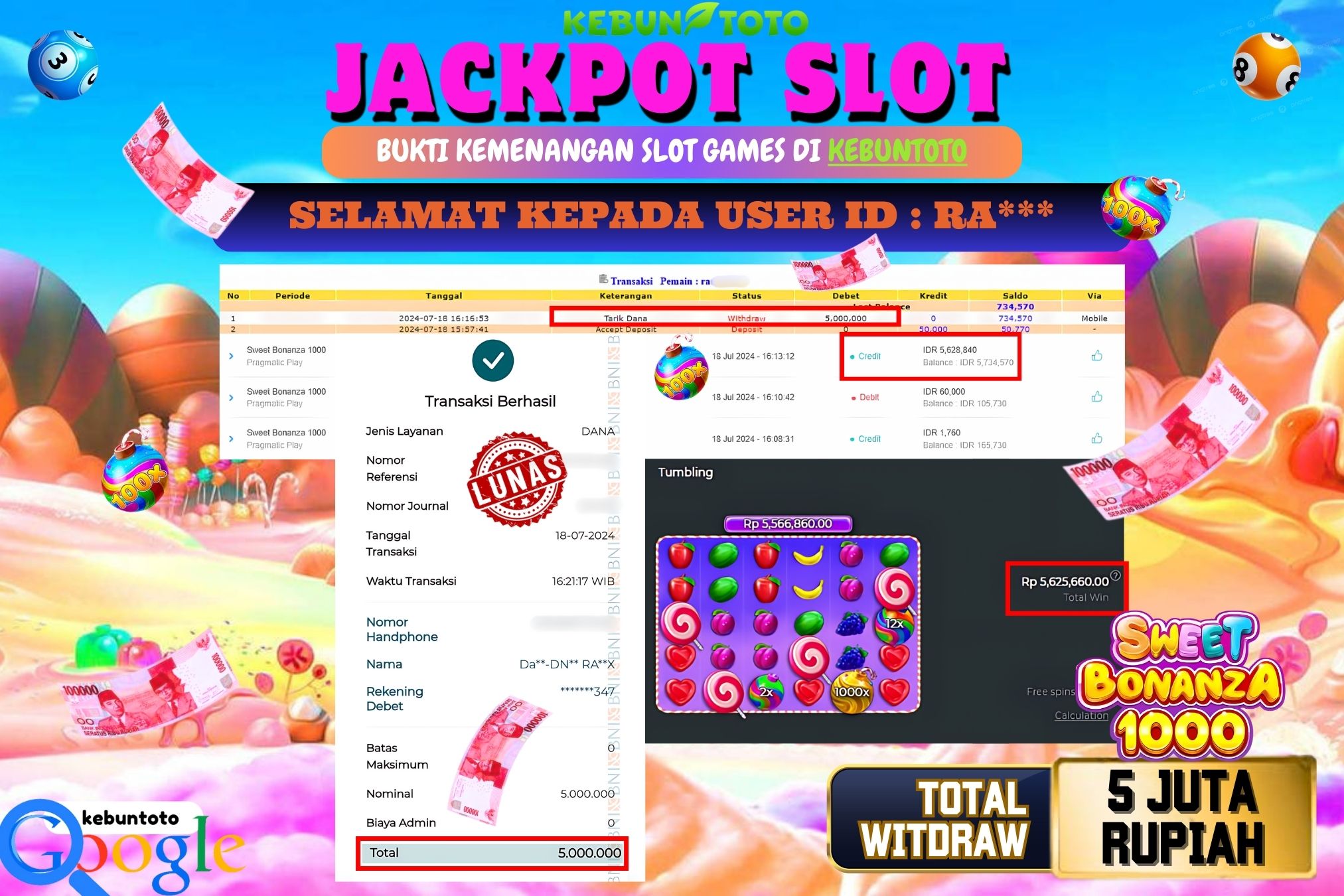 KEBUNTOTO JACKPOT SLOT SWEET BONANZA 1000 Rp.5.000.000,- LUNAS