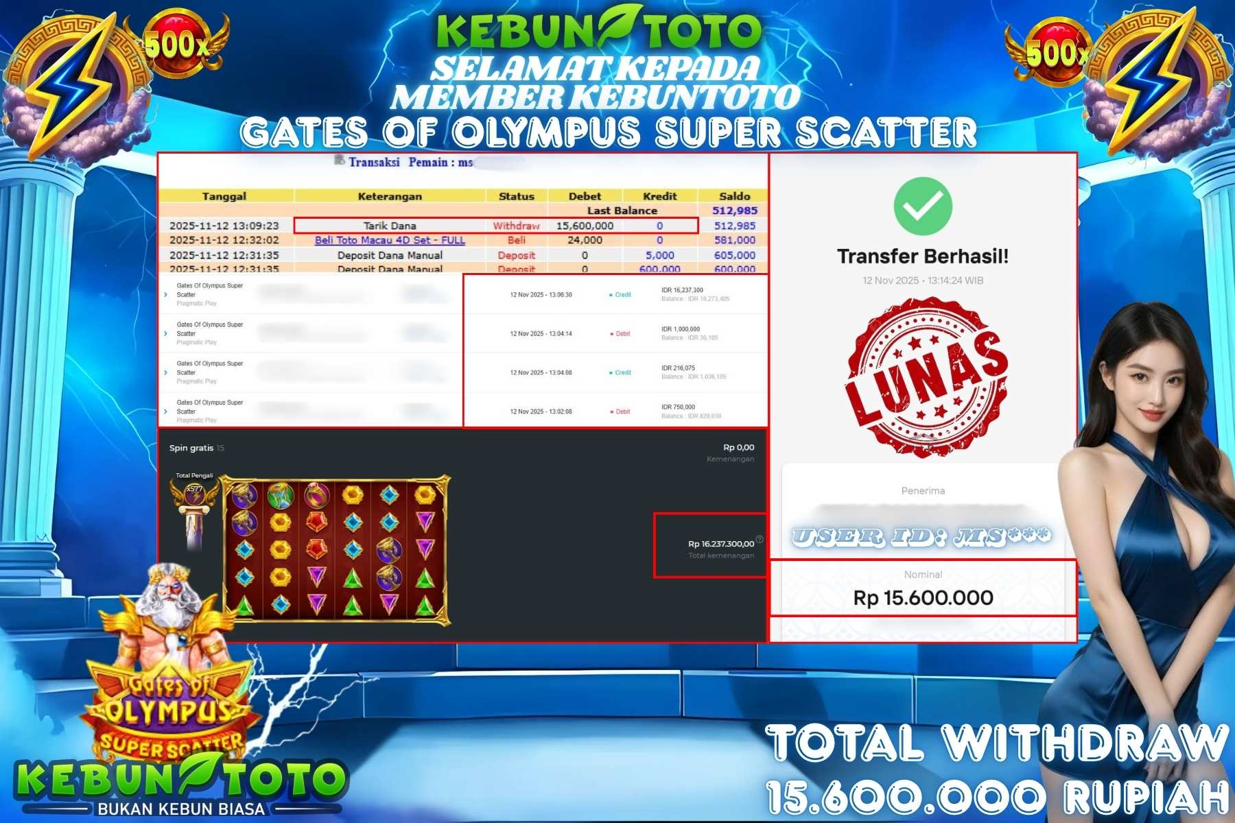 Bukti Kemenangan Rp 15.600.000 SLOT GATES OF OLYMPUS SUPER SCATTER di KEBUNTOTO!