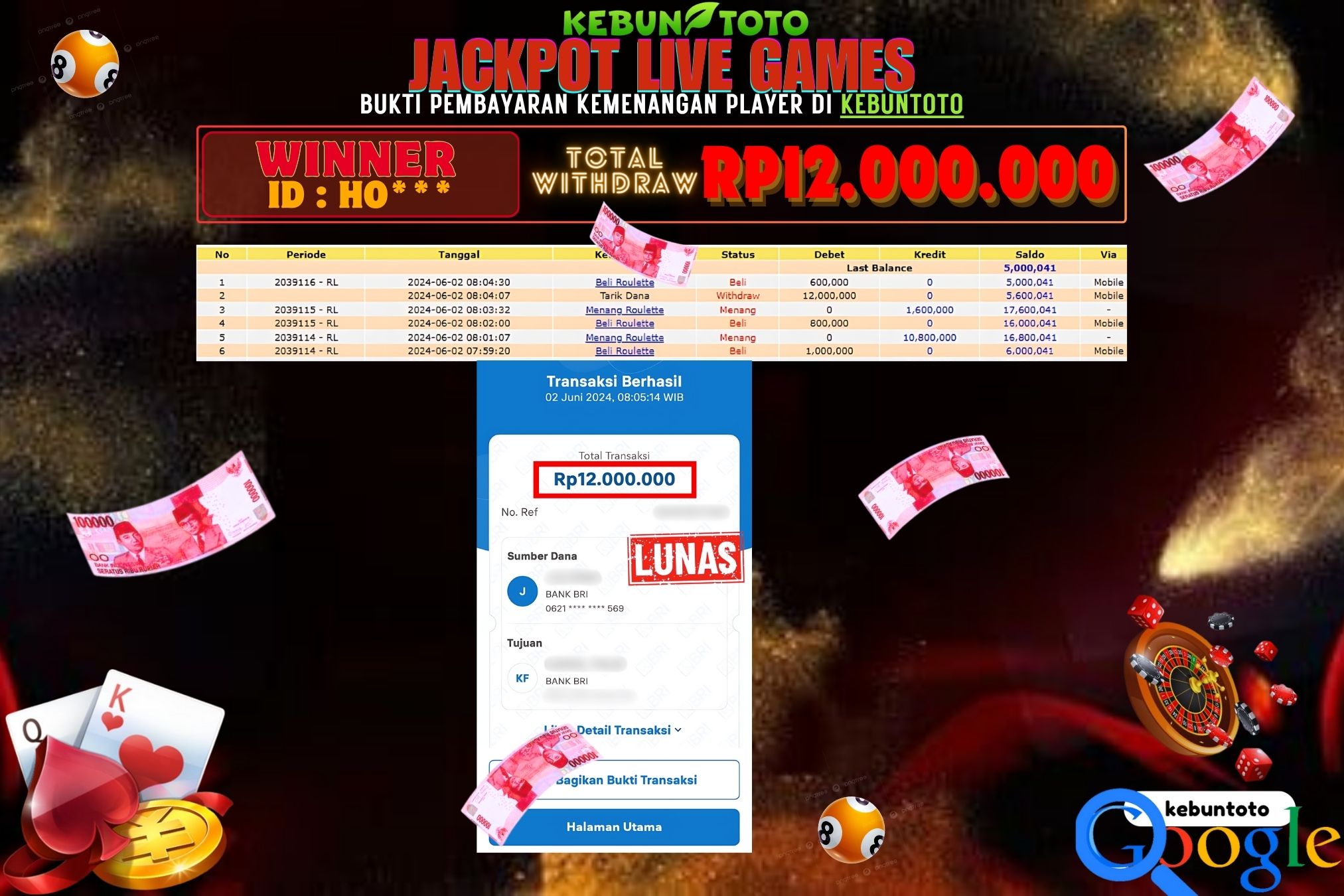 KEBUNTOTO JACKPOT LIVE GAMES ROULETTE Rp.12.000.000,- LUNAS