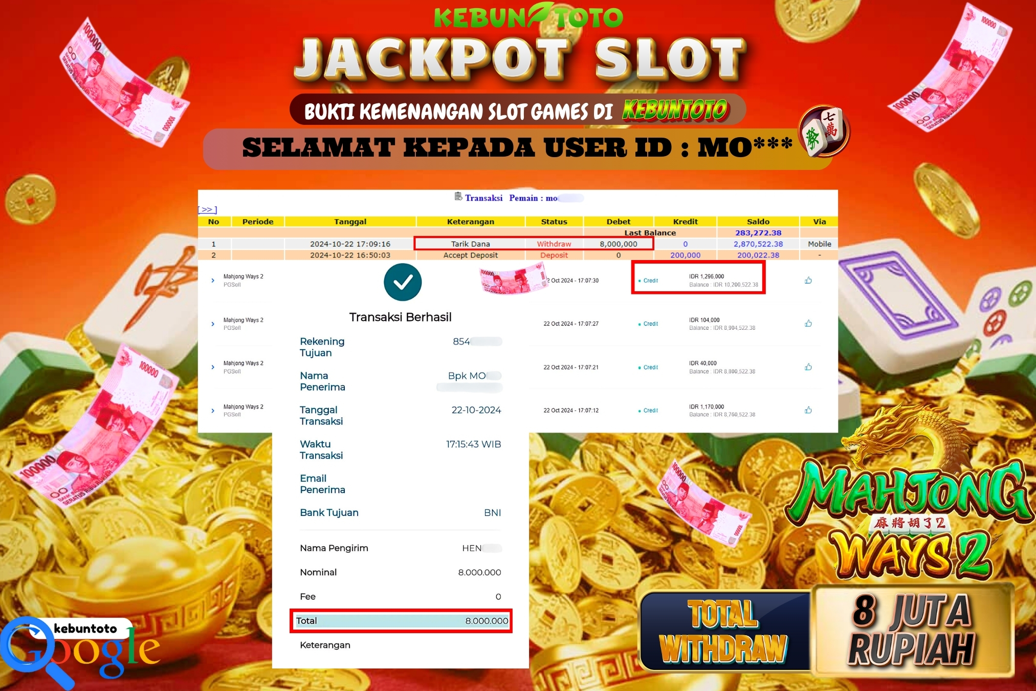 KEBUNTOTO JACKPOT SLOT MAHJONG WAYS 2 Rp.8.000.000,- LUNAS