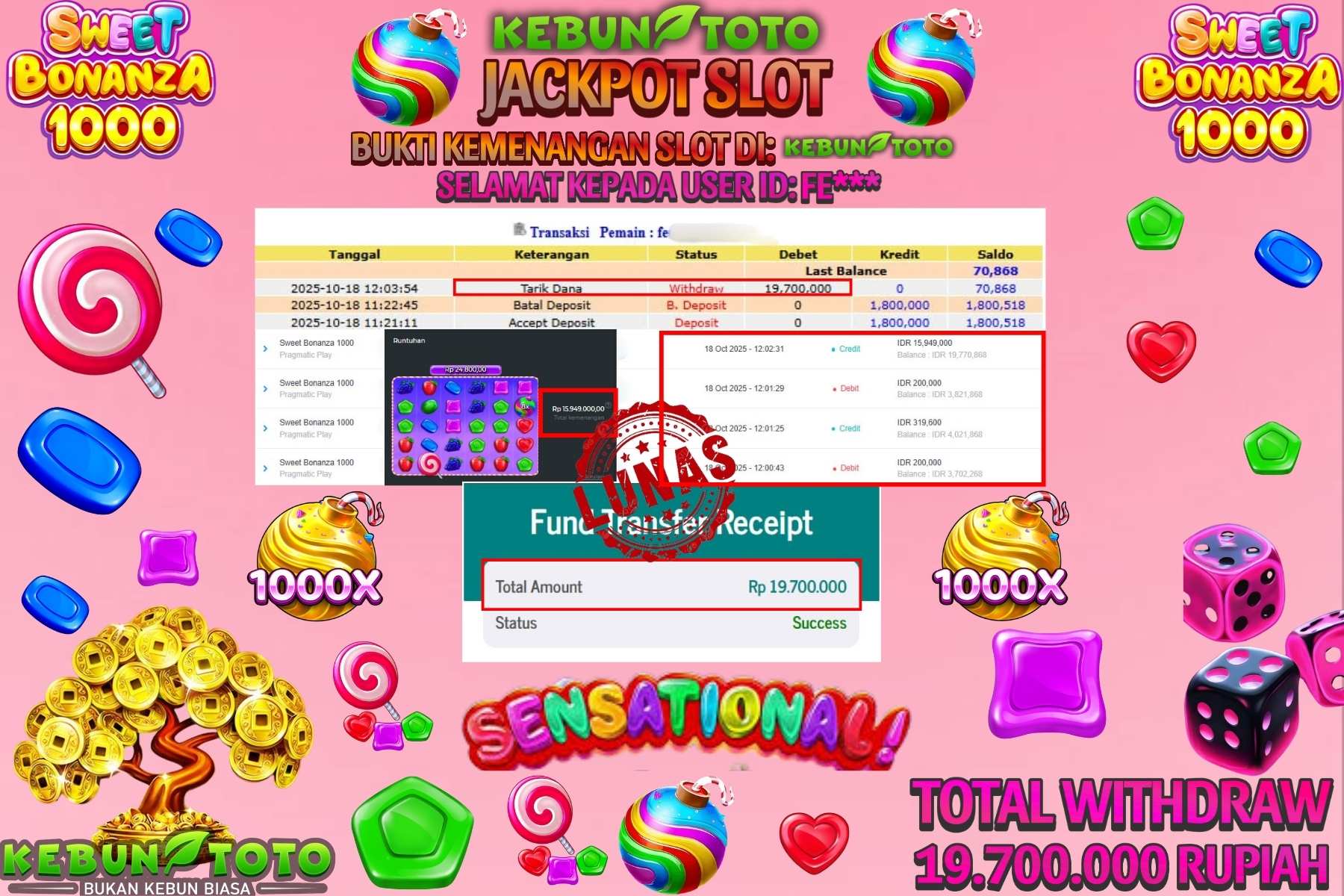 Bukti Kemenangan Rp 19.700.000 SLOT SWEET BONANZA 1000 di KEBUNTOTO!
