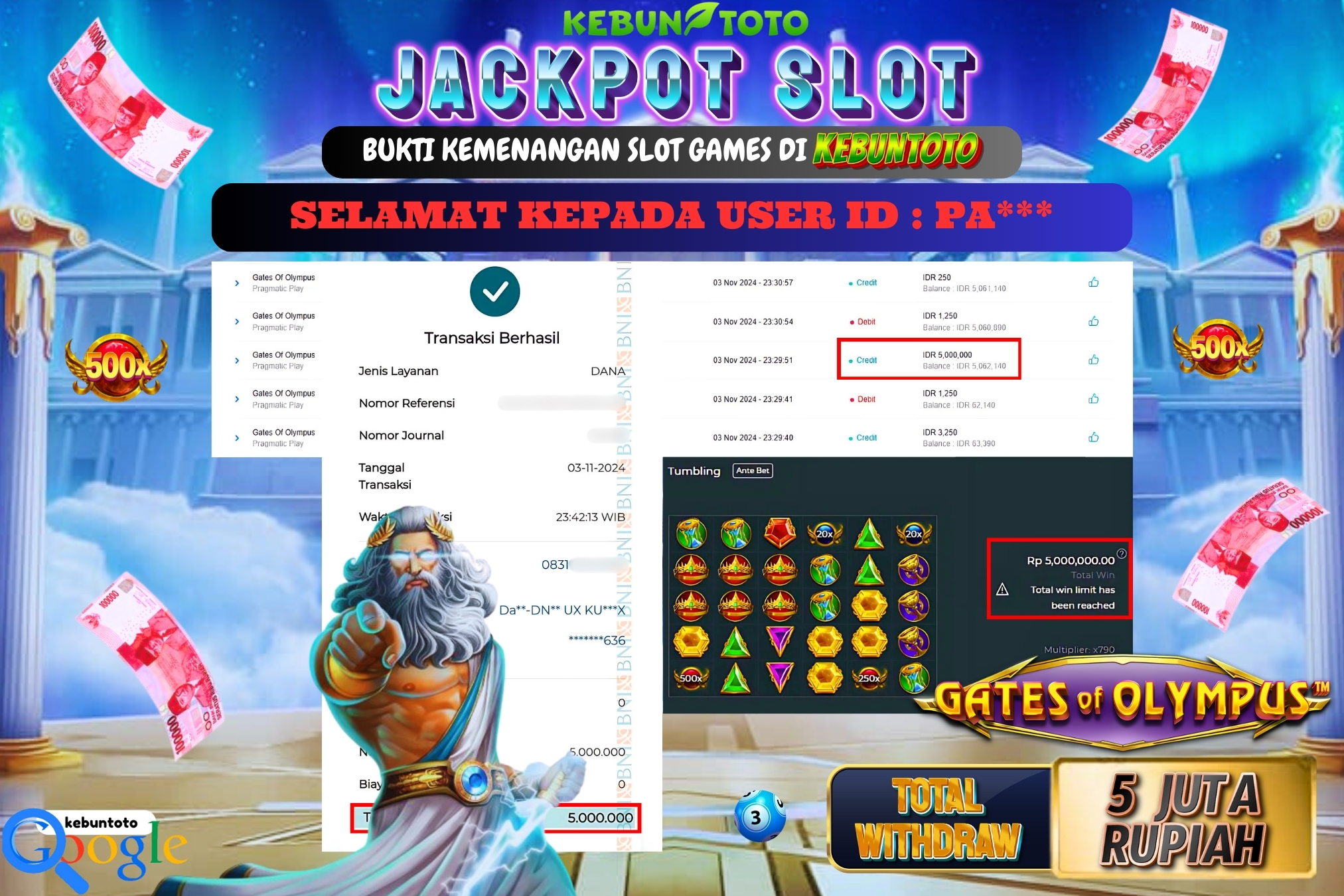 KEBUNTOTO JACKPOT SLOT GATES OF OLYMPUS Rp.5.000.000,- LUNAS