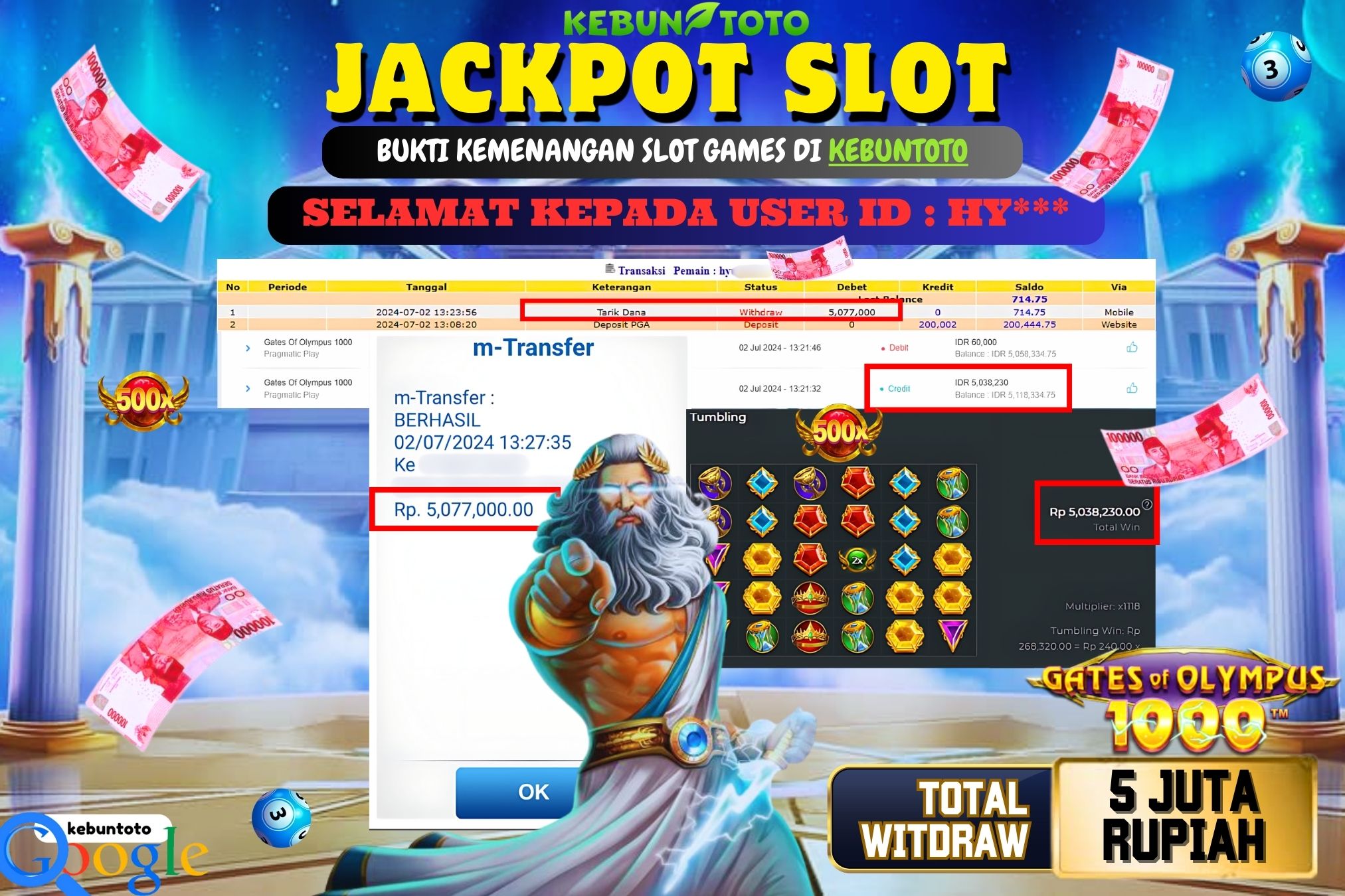 KEBUNTOTO JACKPOT SLOT GATES OF OLYMPUS 1000 Rp.5.077.000,- LUNAS