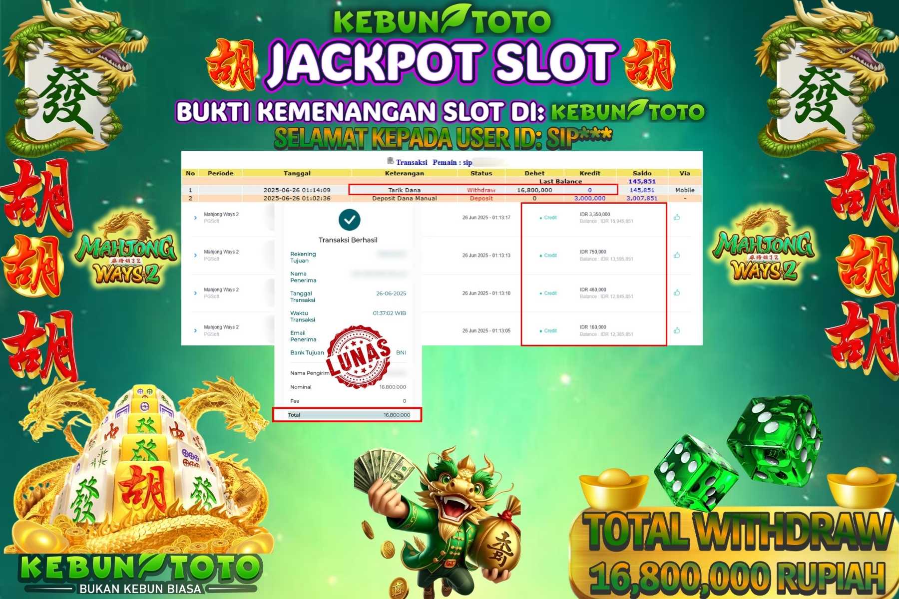 Bukti Kemenangan Rp 16.800.000 SLOT MAHJONG WAYS 2 di KEBUNTOTO!