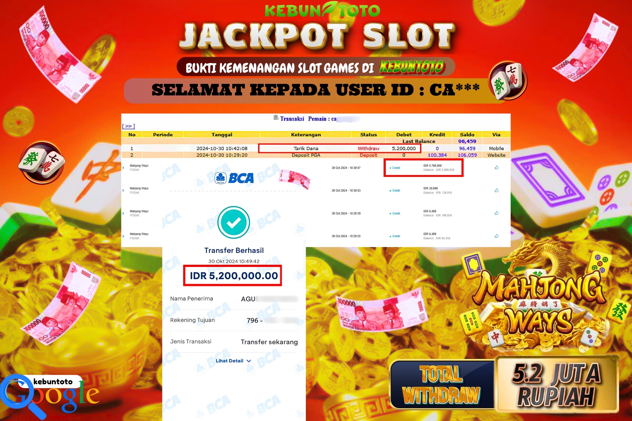KEBUNTOTO JACKPOT SLOT MAHJONG WAYS Rp.5.200.000,- LUNAS