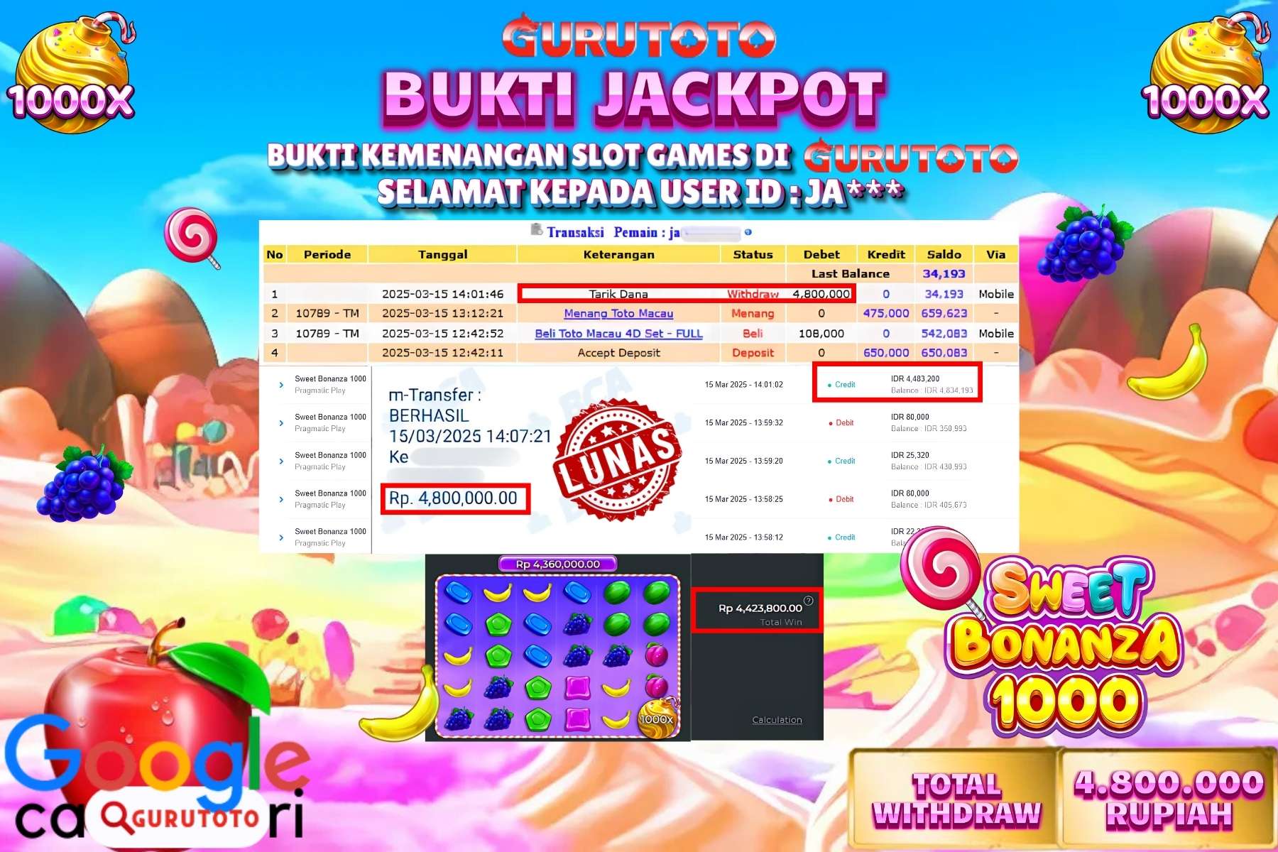 GURUTOTO JACKPOT, SWEET BONANZA 1000, Sebesar Rp 4.800.000,- LUNAS