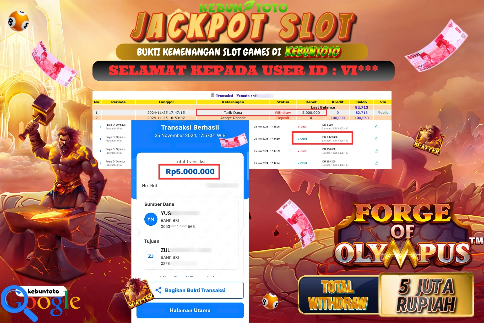 KEBUNTOTO JACKPOT SLOT FORGE OF OLYMPUS Rp.5.000.000,- LUNAS