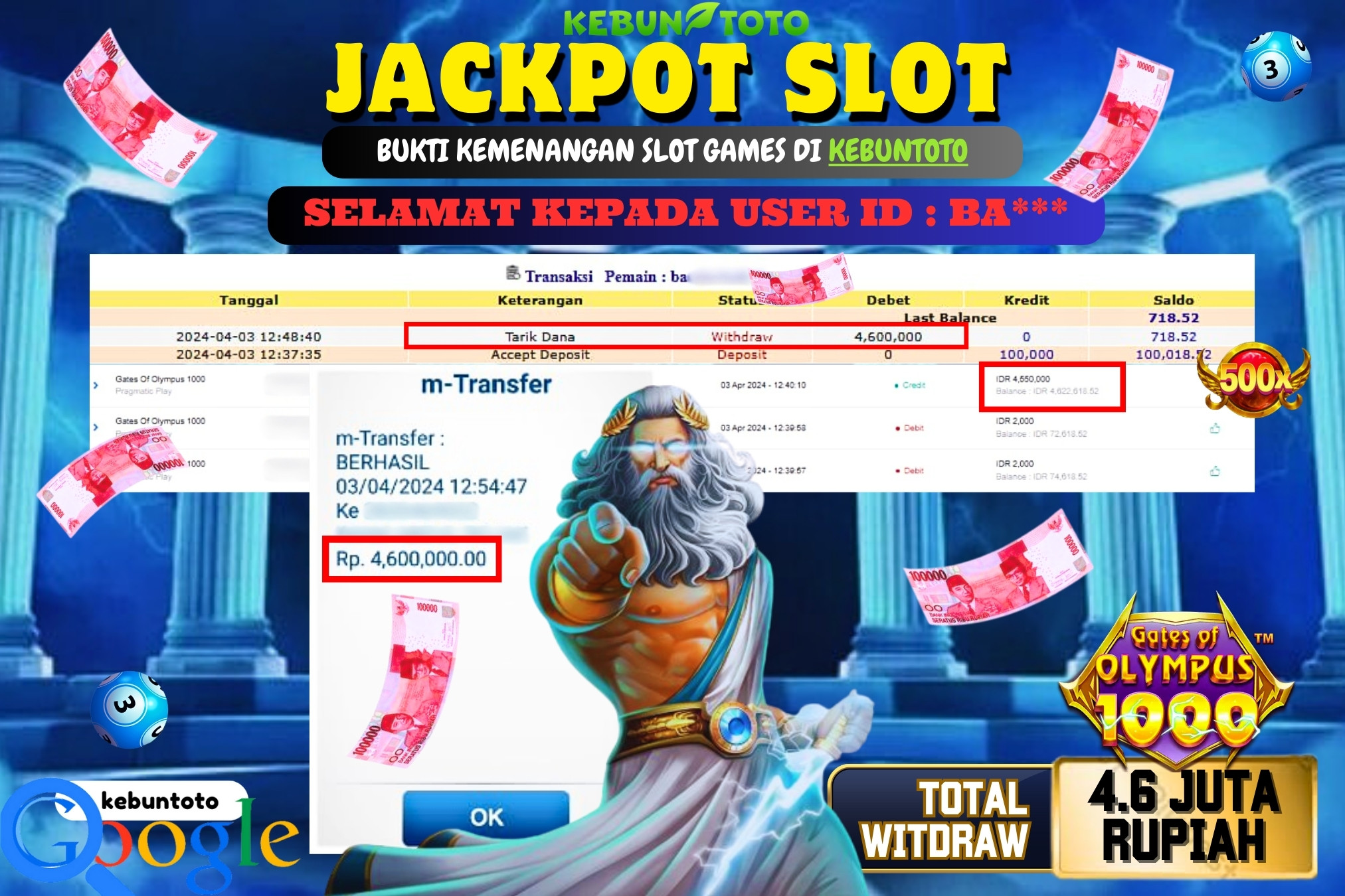 KEBUNTOTO JACKPOT SLOT GATES OF OLYMPUS 1000 Rp.4.600.000,- LUNAS