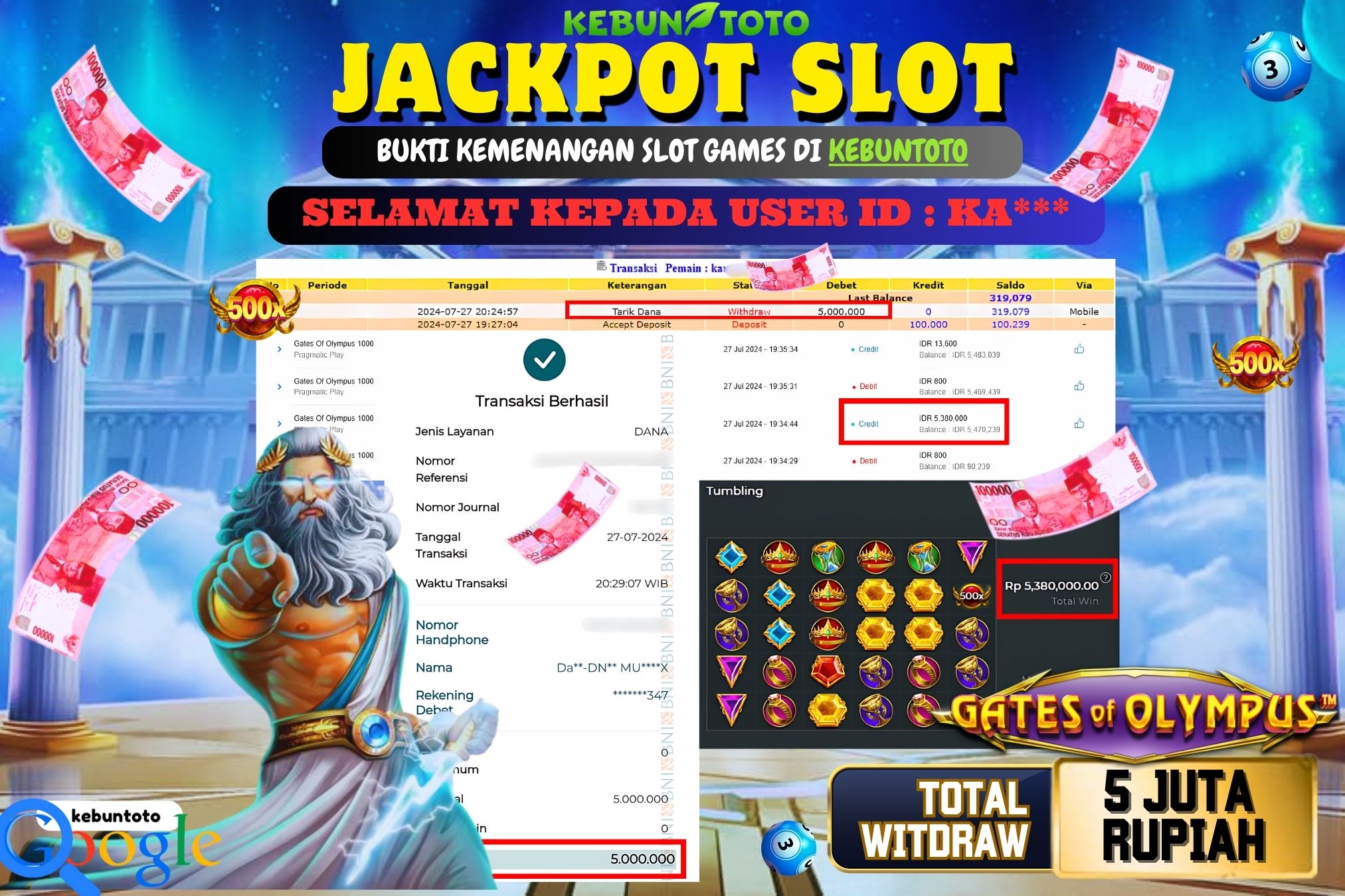KEBUNTOTO JACKPOT SLOT GATES OF OLYMPUS 1000 Rp.5.000.000,- LUNAS