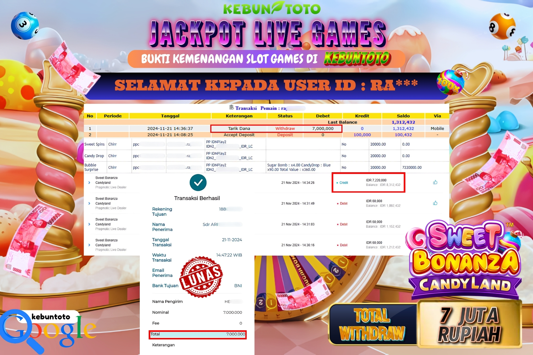 KEBUNTOTO JACKPOT LIVE GAMES SWEET BONANZA CANDYLAND Rp.7.000.000,- LUNAS