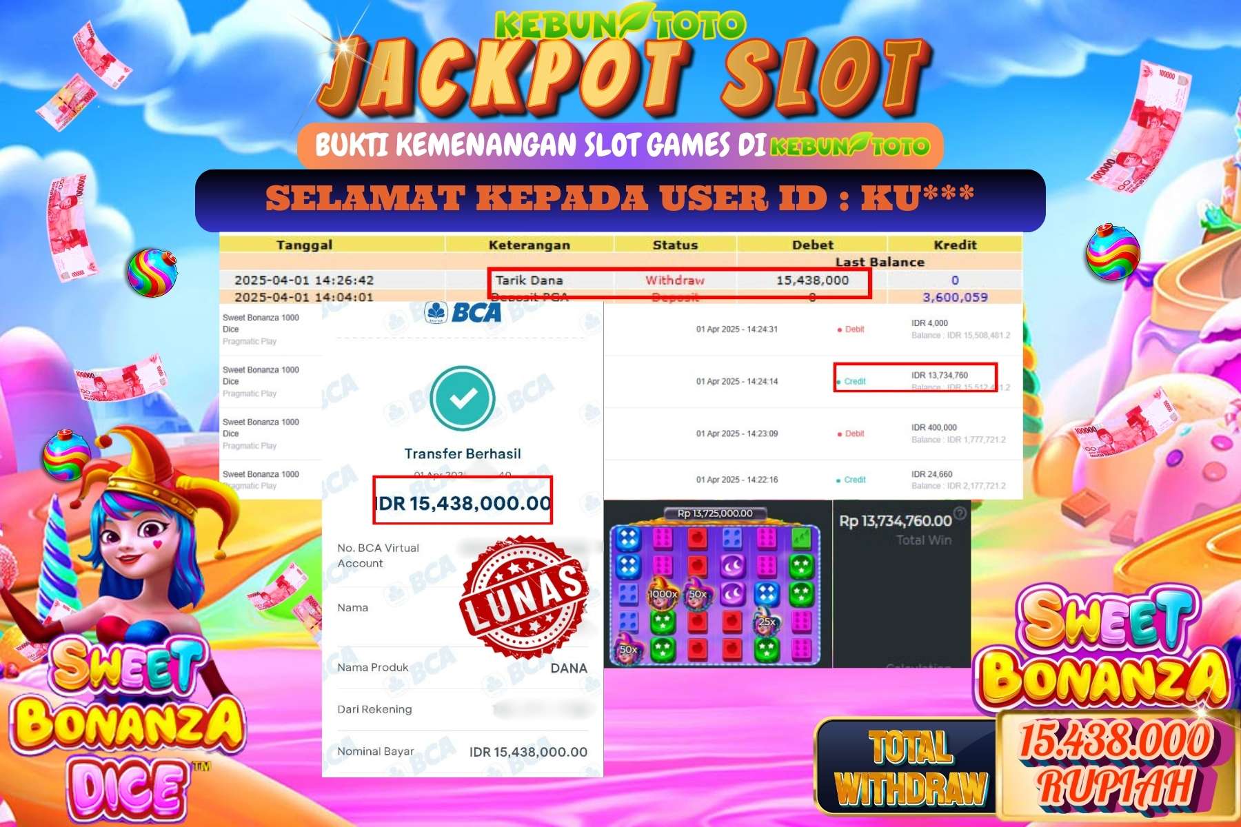 KEBUNTOTO JACKPOT, SLOT SWEET BONANZA DICE Rp 15.438.000,- LUNAS