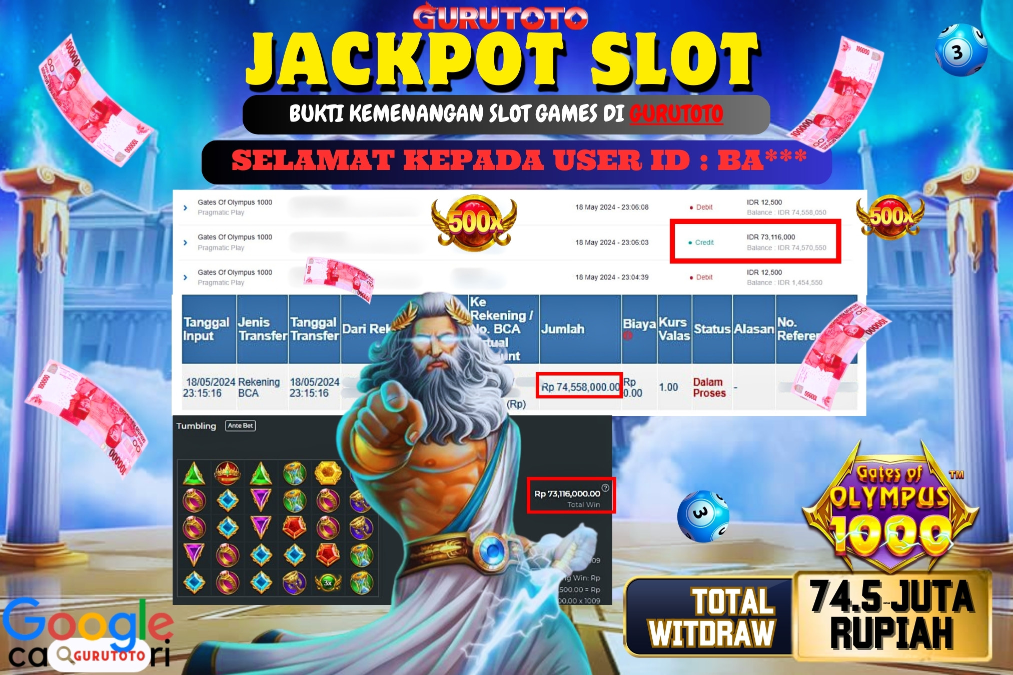 Jackpot Slot GATES OF OLYMPUS di Gurutoto sebesar Rp.74.558.000 dibayar lunas.