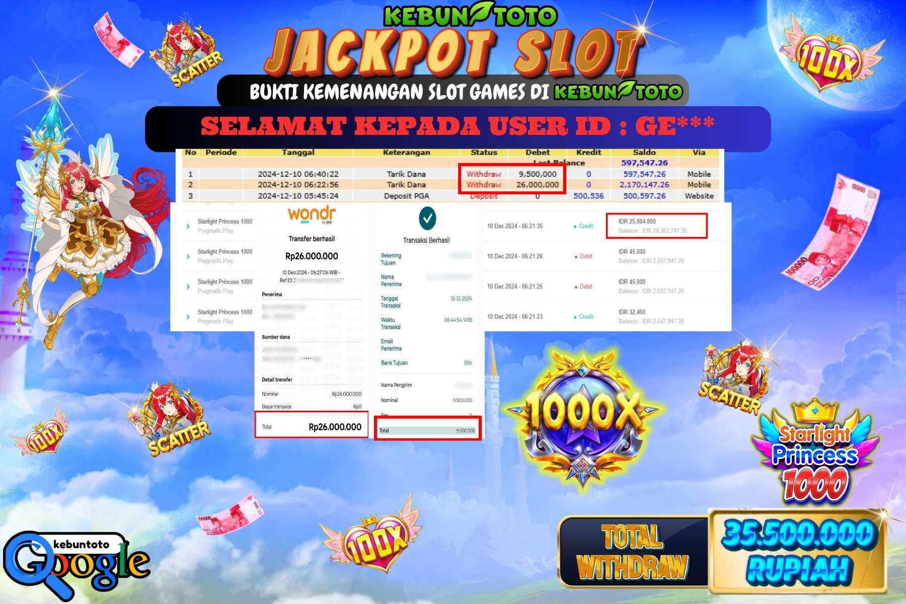 KEBUNTOTO JACKPOT SLOT STARLIGHT PRINCESS 1000, Sebesar Rp.35.500.000,- LUNAS