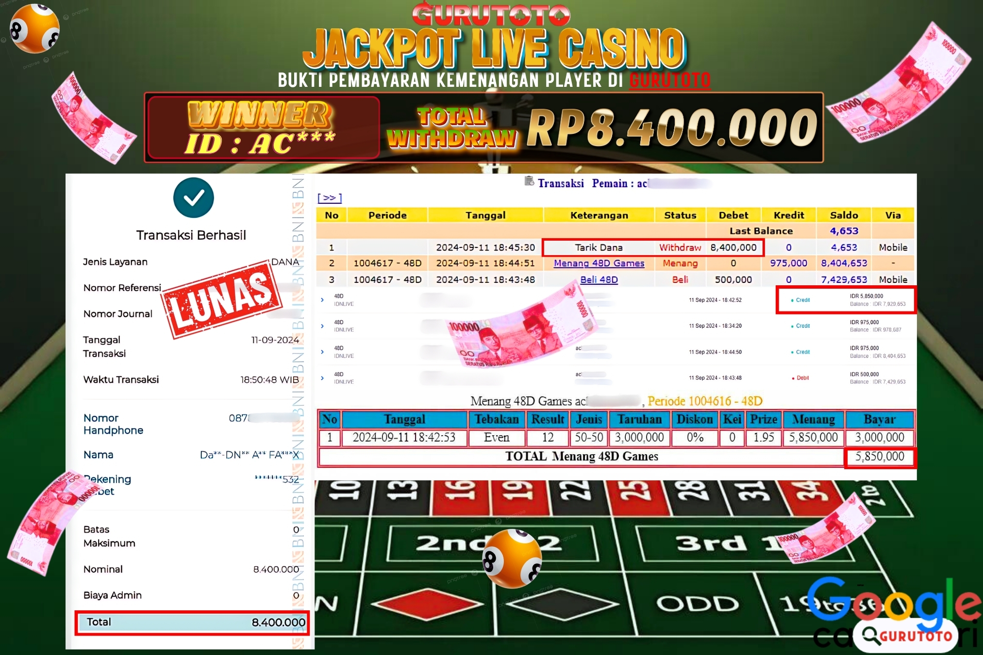 Jackpot Live Game di Gurutoto sebesar Rp.8.400.000 dibayar lunas.