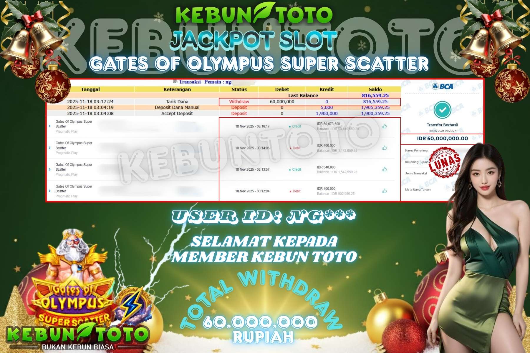 Bukti Kemenangan Rp 60.000.000 SLOT GATES OF OLYMPUS SUPER SCATTER di KEBUNTOTO!