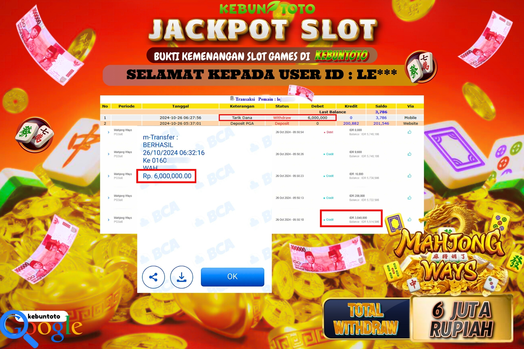 KEBUNTOTO JACKPOT SLOT MAHJONG WAYS Rp.6.000.000,- LUNAS