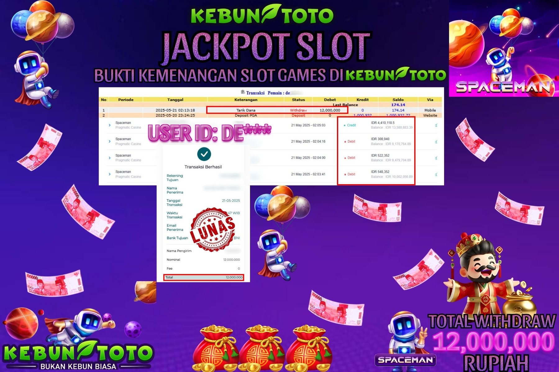 KEBUNTOTO JACKPOT SLOT SPACEMAN Rp 12.000.000 ,- LUNAS