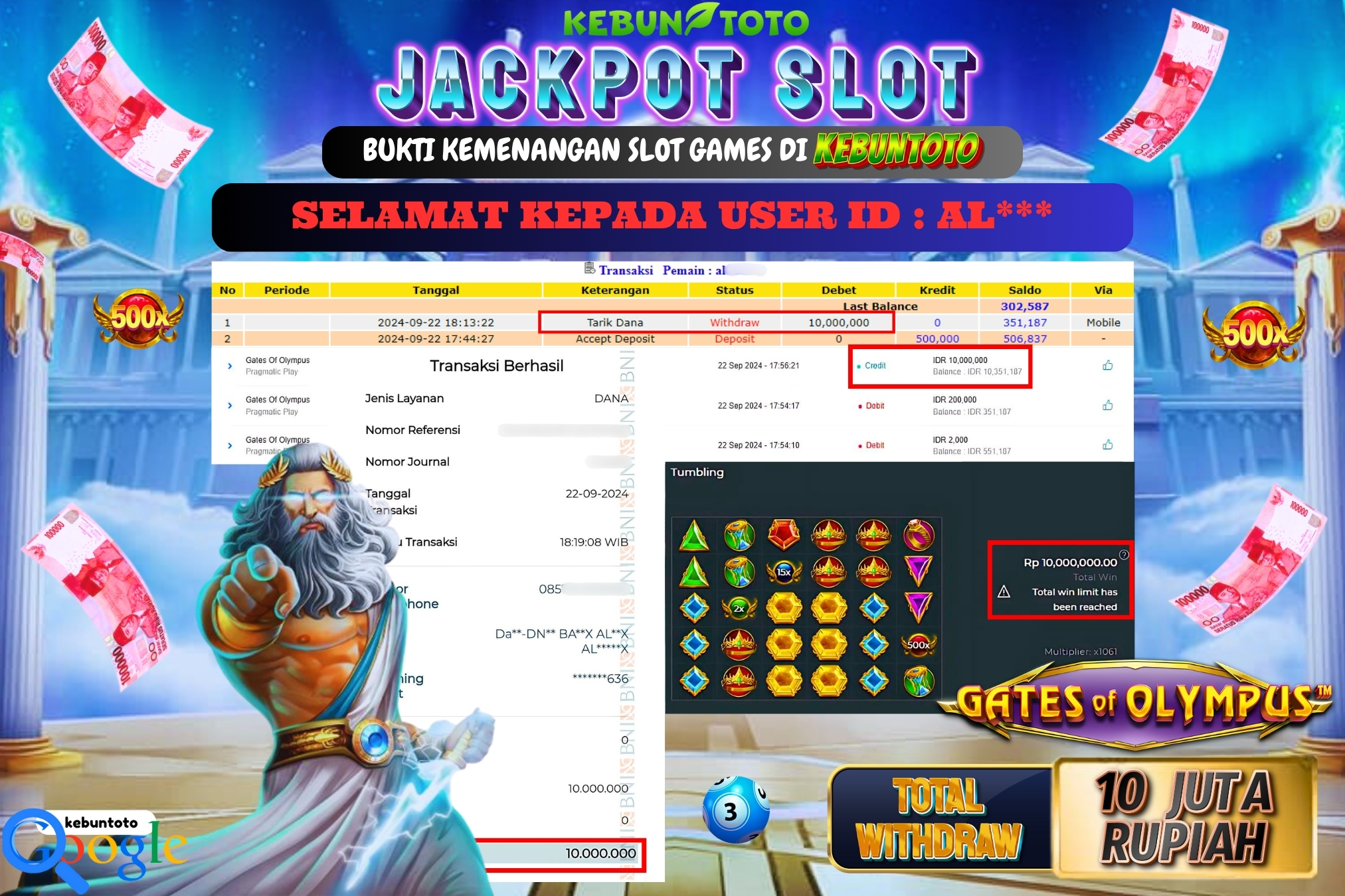 KEBUNTOTO JACKPOT SLOT GATES OF OLYMPUS Rp.10.000.000,- LUNAS