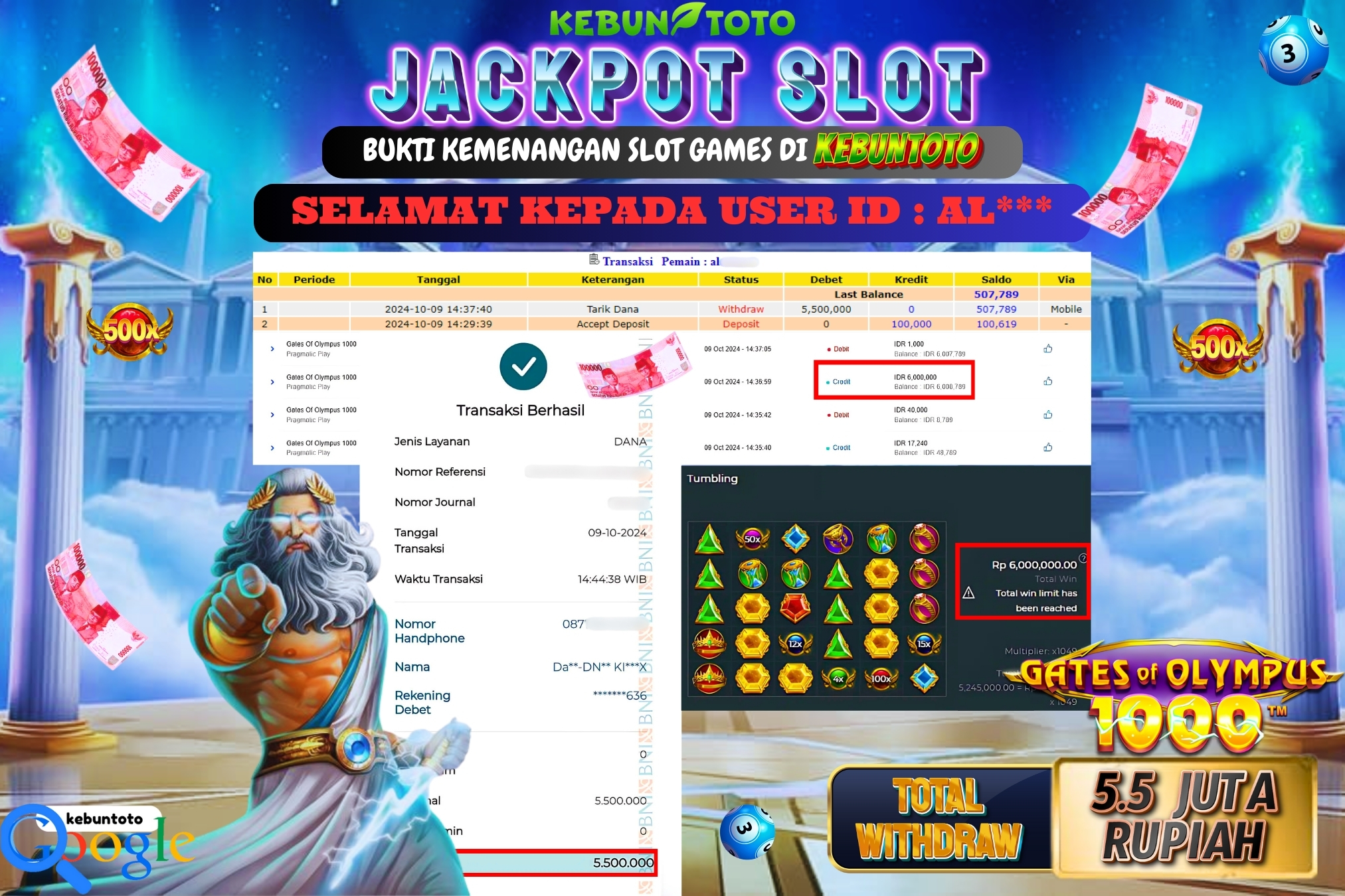 KEBUNTOTO JACKPOT SLOT GATES OF OLYMPUS 1000 Rp.5.500.000,- LUNAS