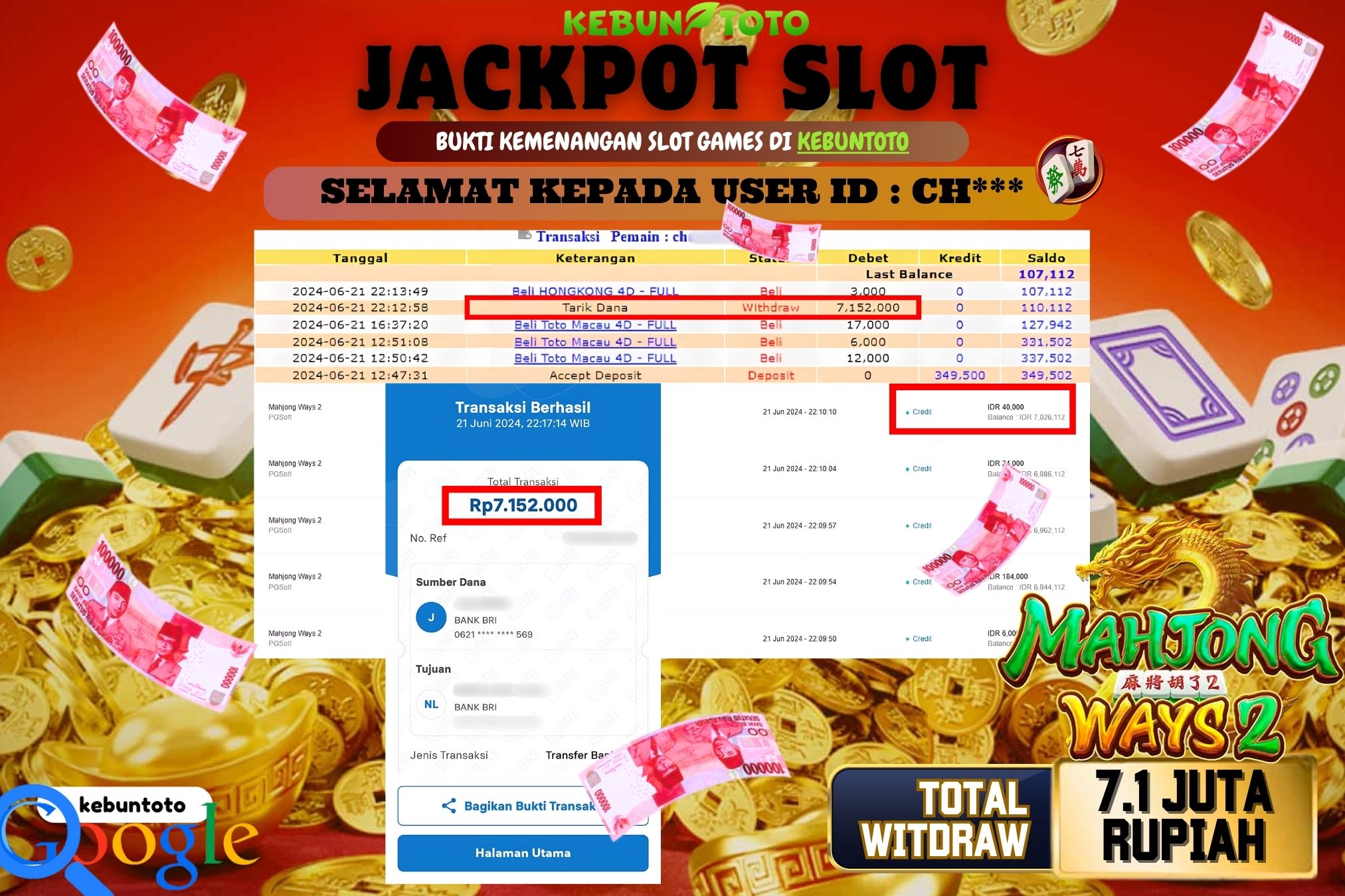 KEBUNTOTO JACKPOT SLOT MAHJONG WAYS 2 Rp.7.152.000,- LUNAS
