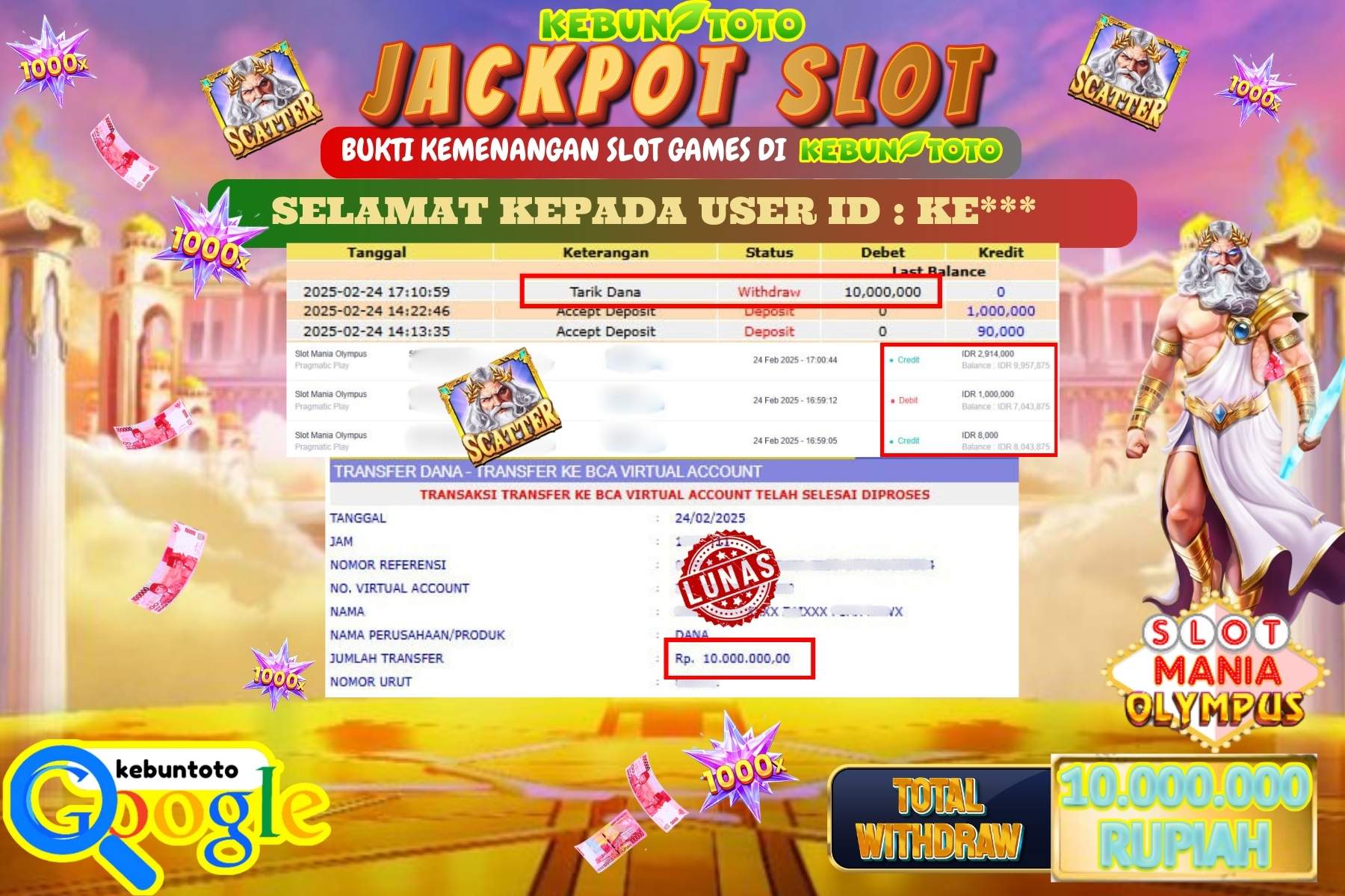 KEBUNTOTO JACKPOT, SLOT MANIA OLYMPUS Sebesar Rp 10.000.000,- LUNAS