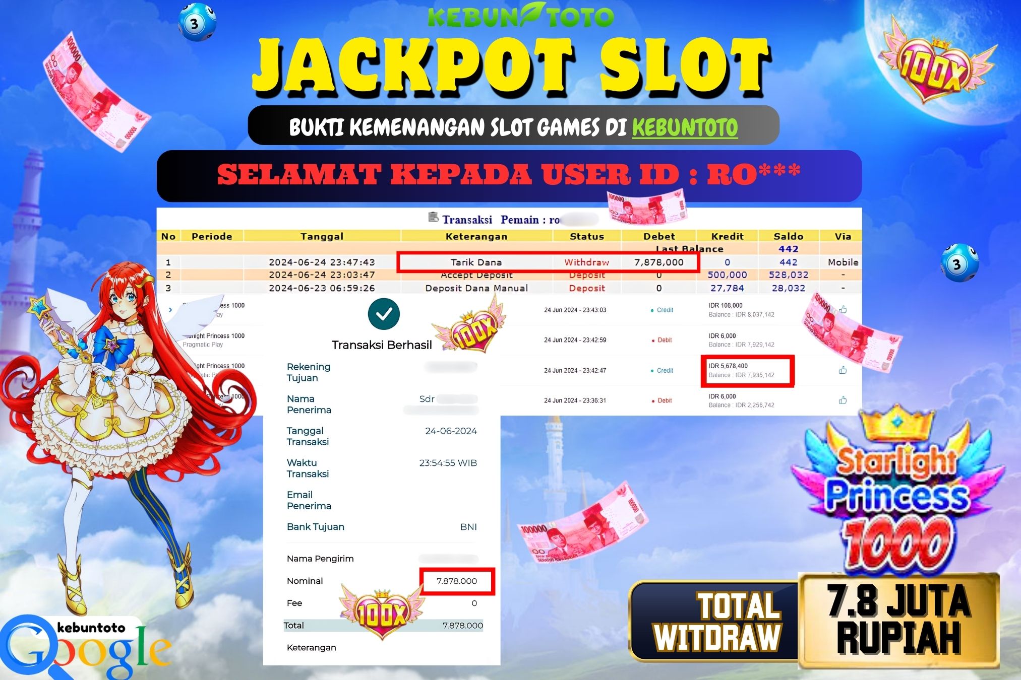KEBUNTOTO JACKPOT SLOT STARLIGHT PRINCESS 1000 Rp.7.878.000,- LUNAS
