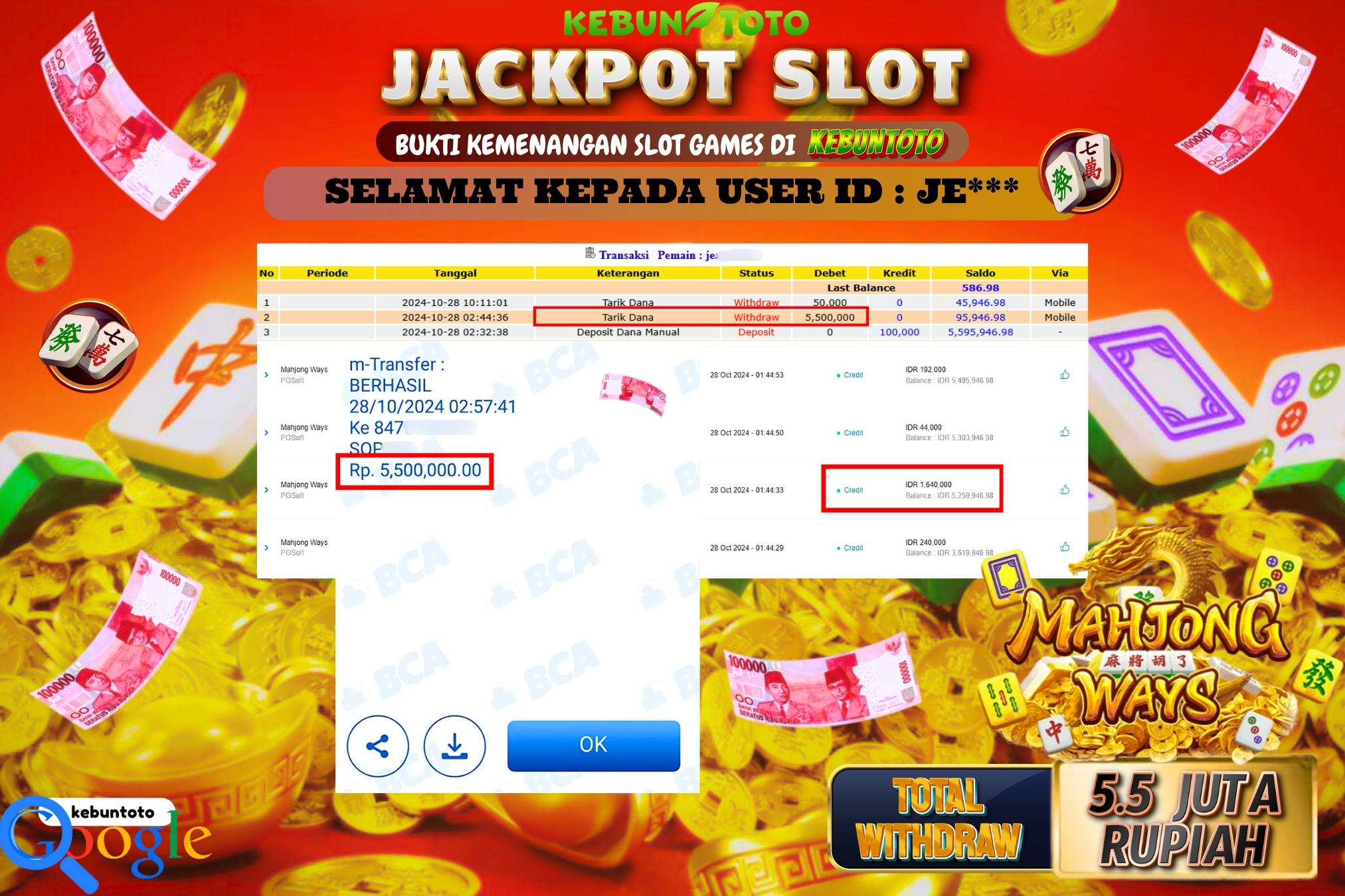 KEBUNTOTO JACKPOT SLOT MAHJONG WAYS Rp.5.500.000,- LUNAS