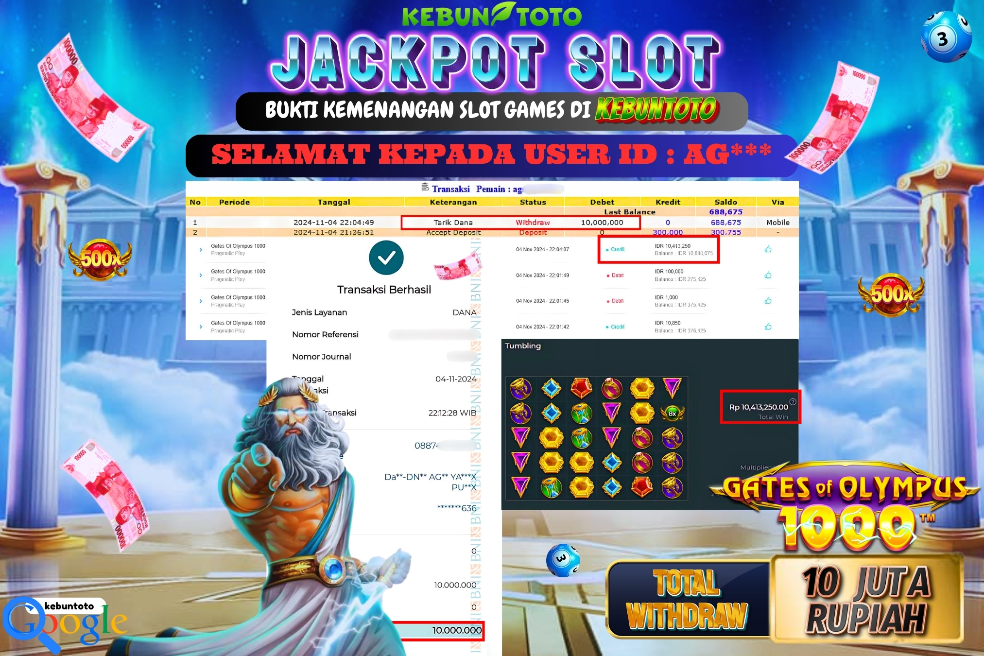 KEBUNTOTO JACKPOT SLOT GATES OF OLYMPUS 1000 Rp.10.000.000,- LUNAS