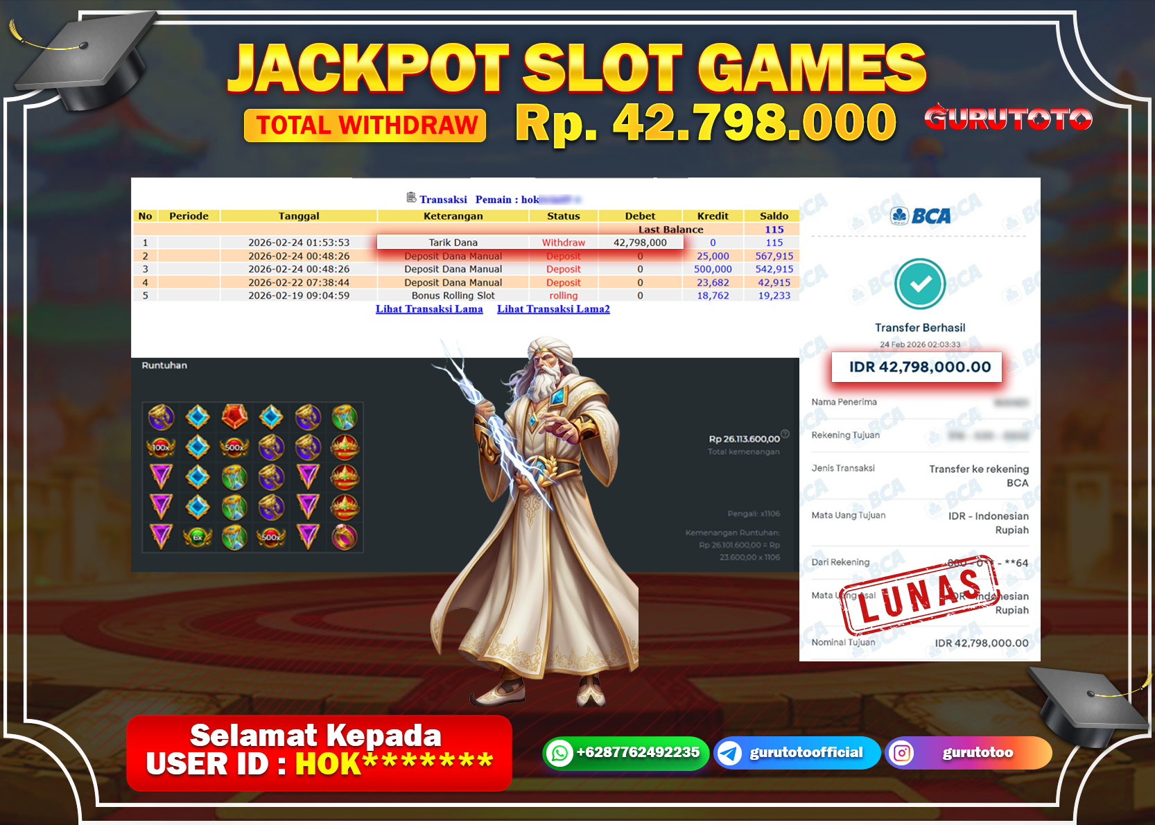 Bukti Kemenangan Rp 42.798.000 GATES OF OLYMPUS di GURUTOTO !