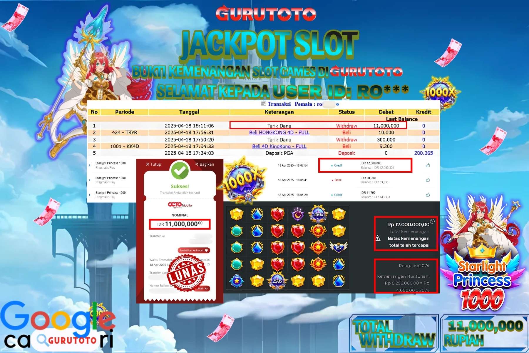 GURUTOTO JACKPOT, SLOT STARLIGHT PRINCESS 1000 , Sebesar Rp 11.000.000,- LUNAS
