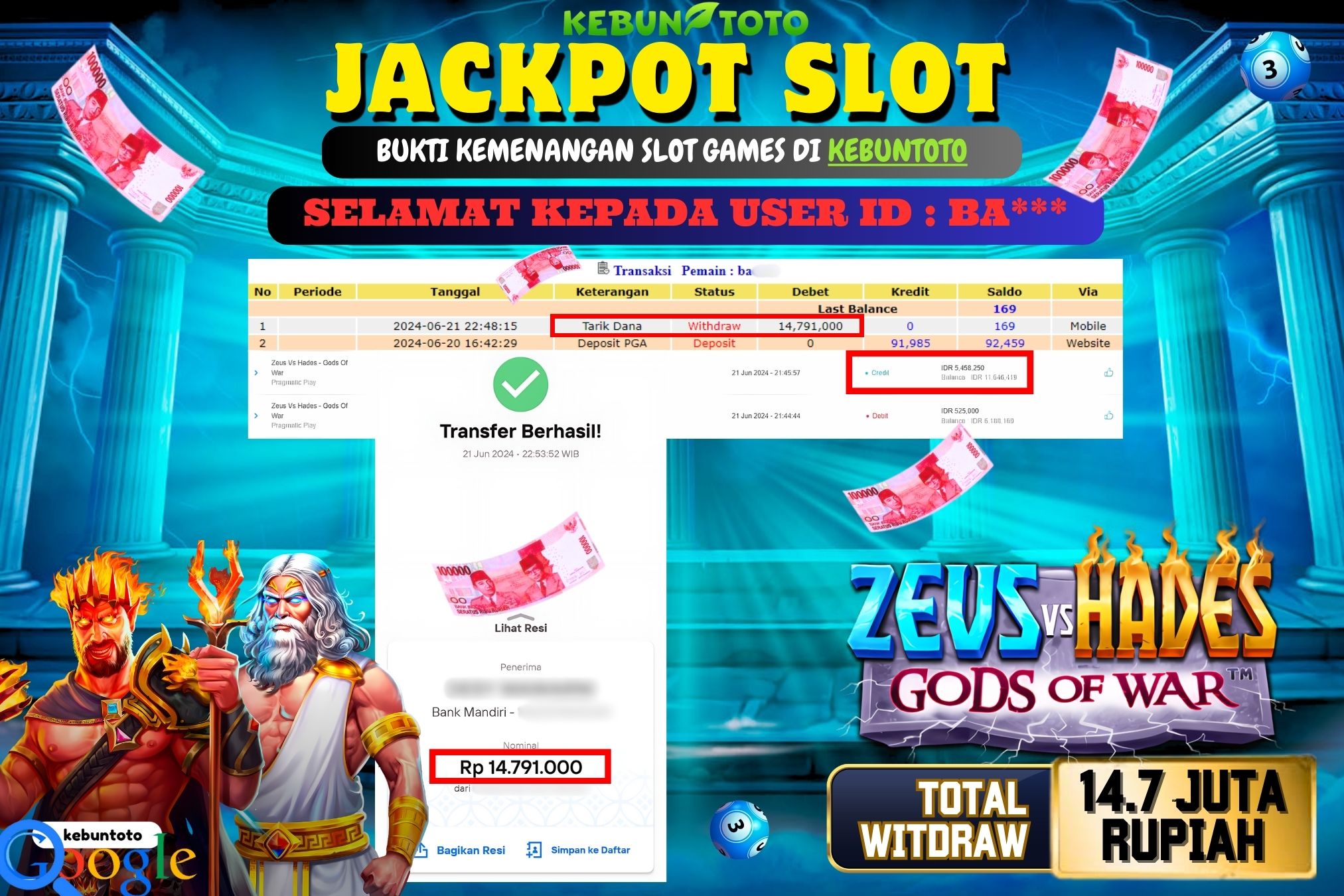 KEBUNTOTO JACKPOT SLOT ZEUS VS HADES - GODS OF WAR Rp.14.791.000,- LUNAS